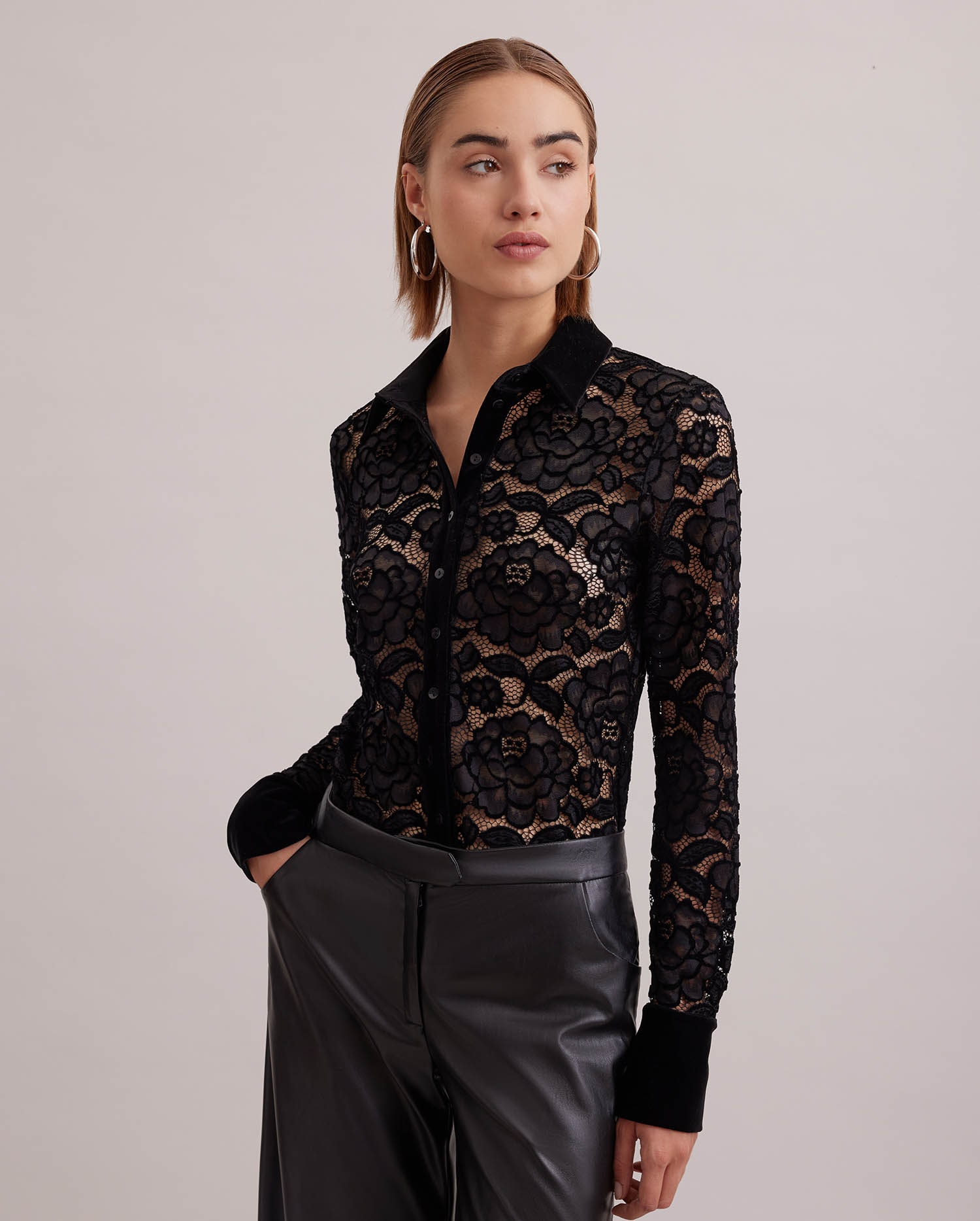 Discover The SALINGER Long sleeve black lace shirt with Velvet trim detail from ANNE FONTAINE