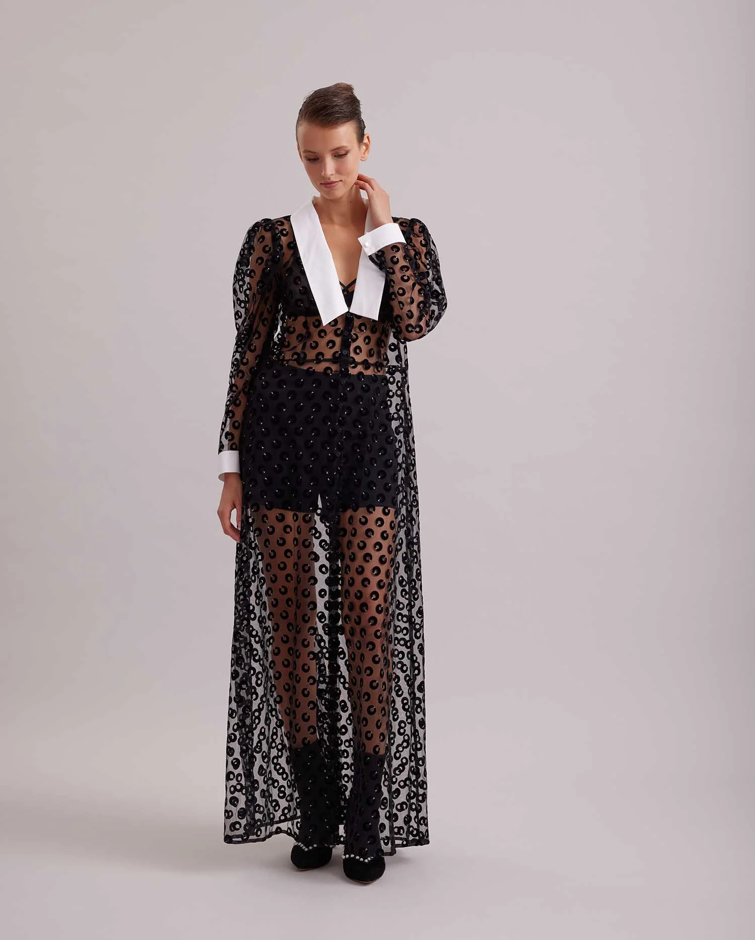 Discover the SCENARIO Sheer black net dress embroidered with Velvet circles from ANNE FONTAINE