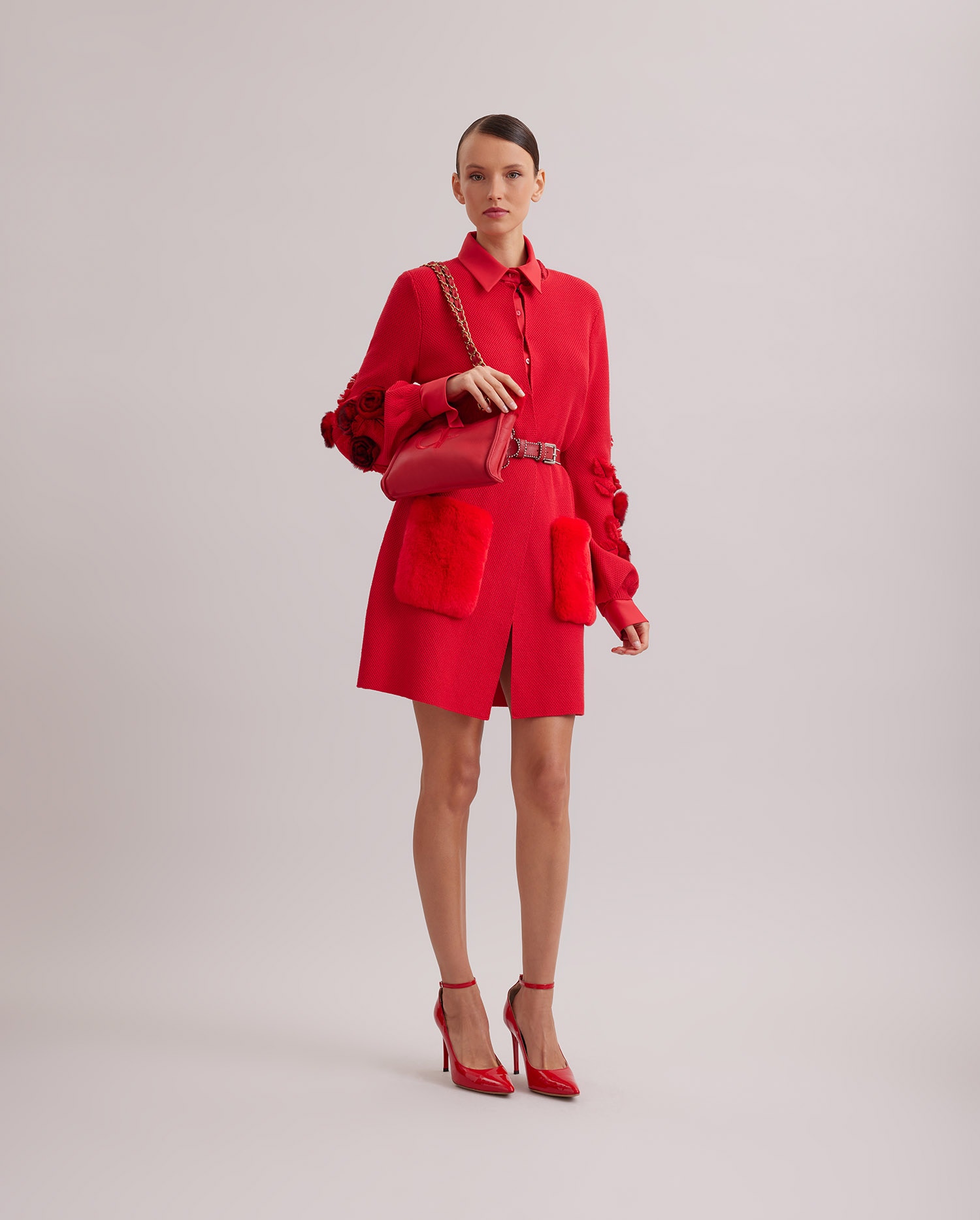 Discover the SHADA Mid-Length Red Knit Cardigan With Blouson Sleeves and Waist Belt