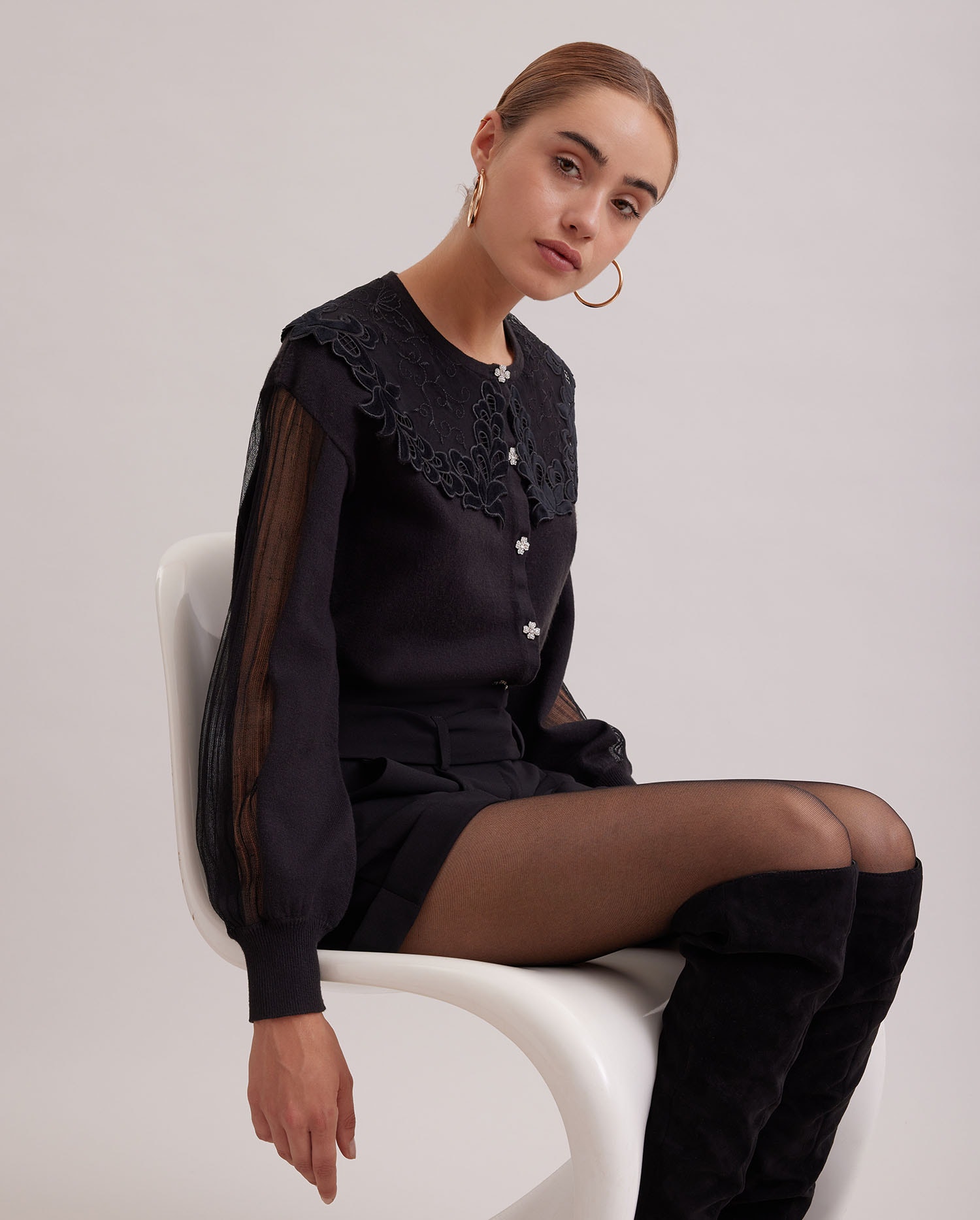 Discover the STEINBECK Long sleeve cardigan with Crystal floral buttons and embroidered net lace collar from ANNE FONTAINE