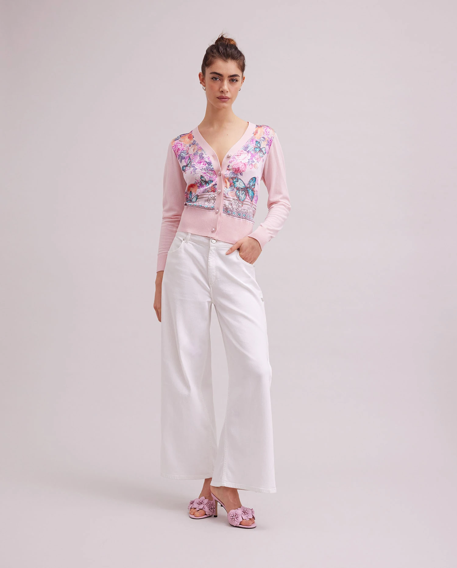 Discover the ZILIA Pink Long Sleeve Cardigan With Floral Butterfly Printed Design