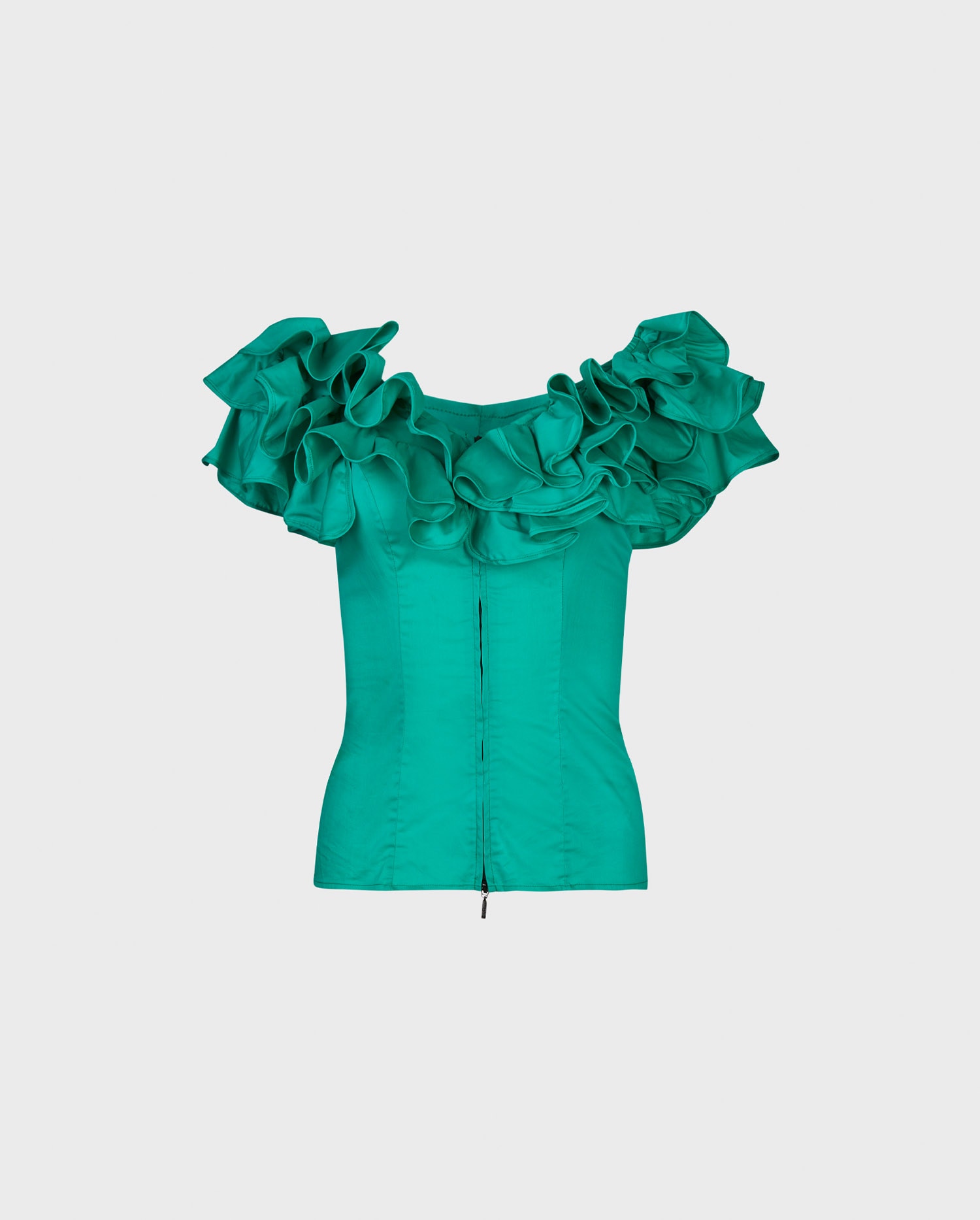 Discover The ABYYSE Green Cotton Fitted Blouse With Layered Flounce Ruffles and Corset Back From ANNE FONTAINE