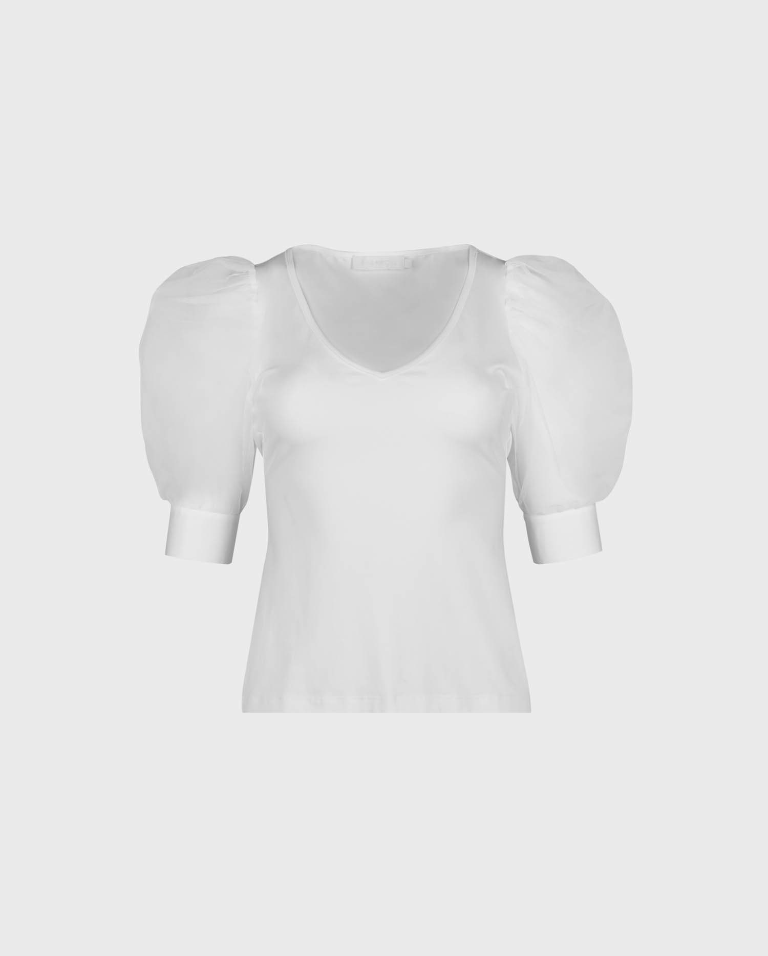 Discover the AERIAL White v-neck top with sheer mesh sleeves from ANNE FONTAINE