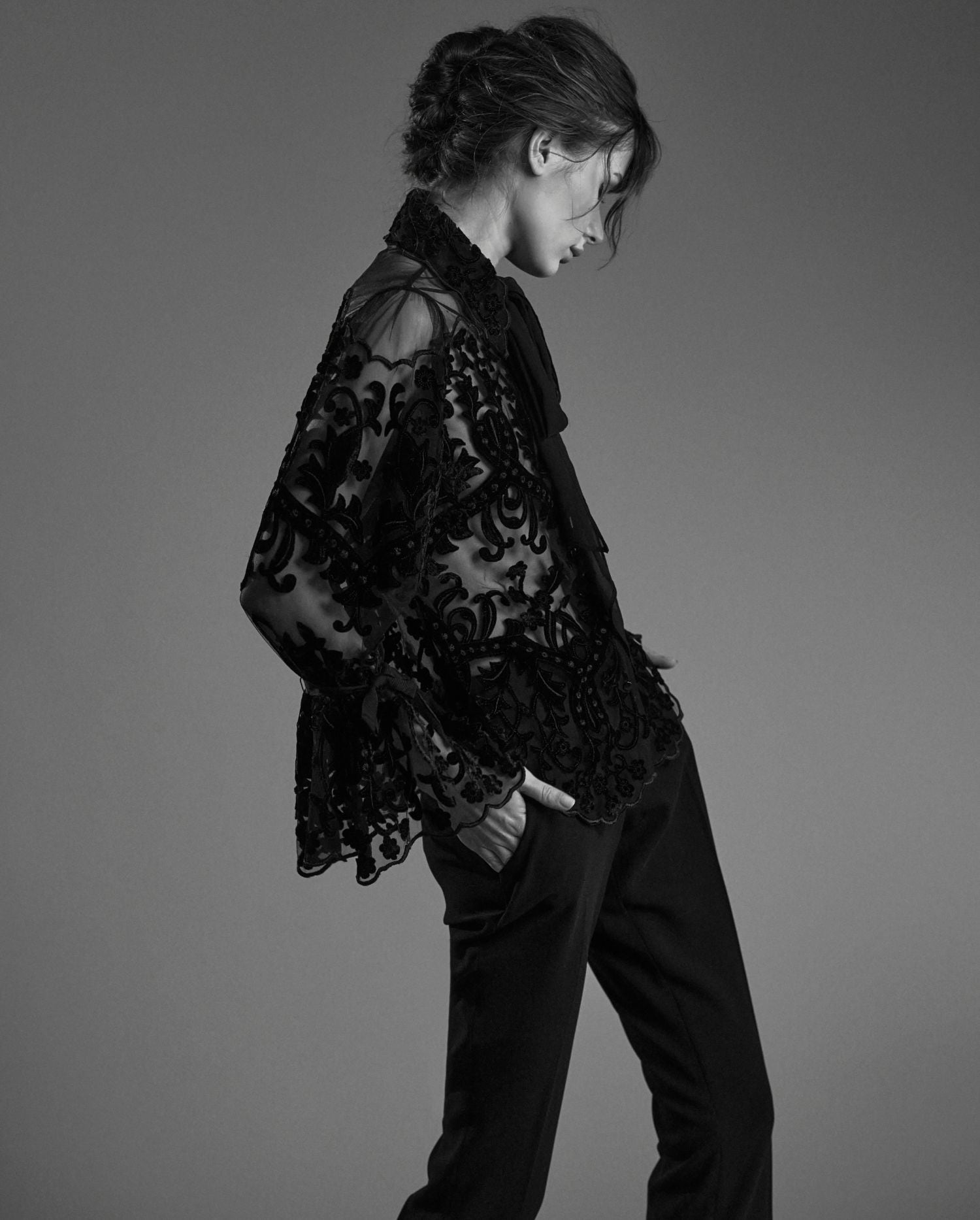 Discover the ARABESQUE Semi-sheer black embroidered lace shirt with removable ties from ANNE FONTAINE