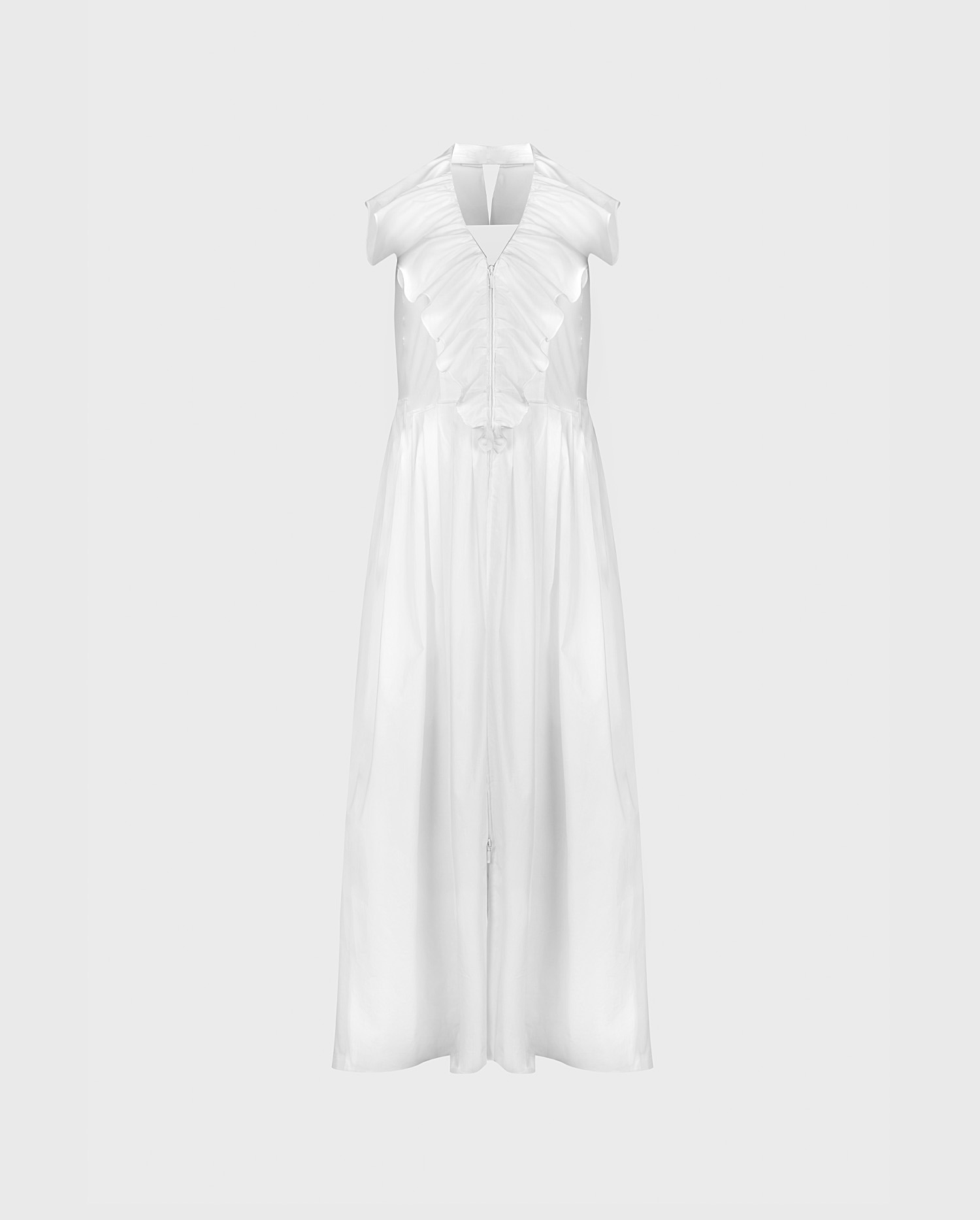 Discover the CANNES white midi dress pleated ruffle v-neck open back & cotton poplin