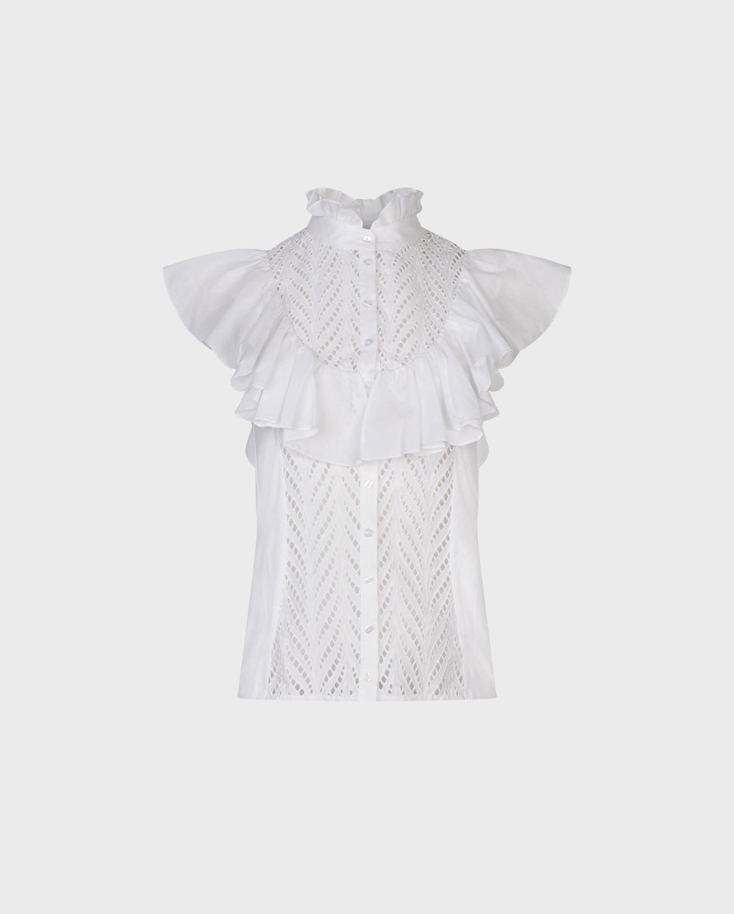 Discover The CENITZ White Mock Neck Eyelet Top With Cascading Ruffle Sleeve From ANNE FONTAINE