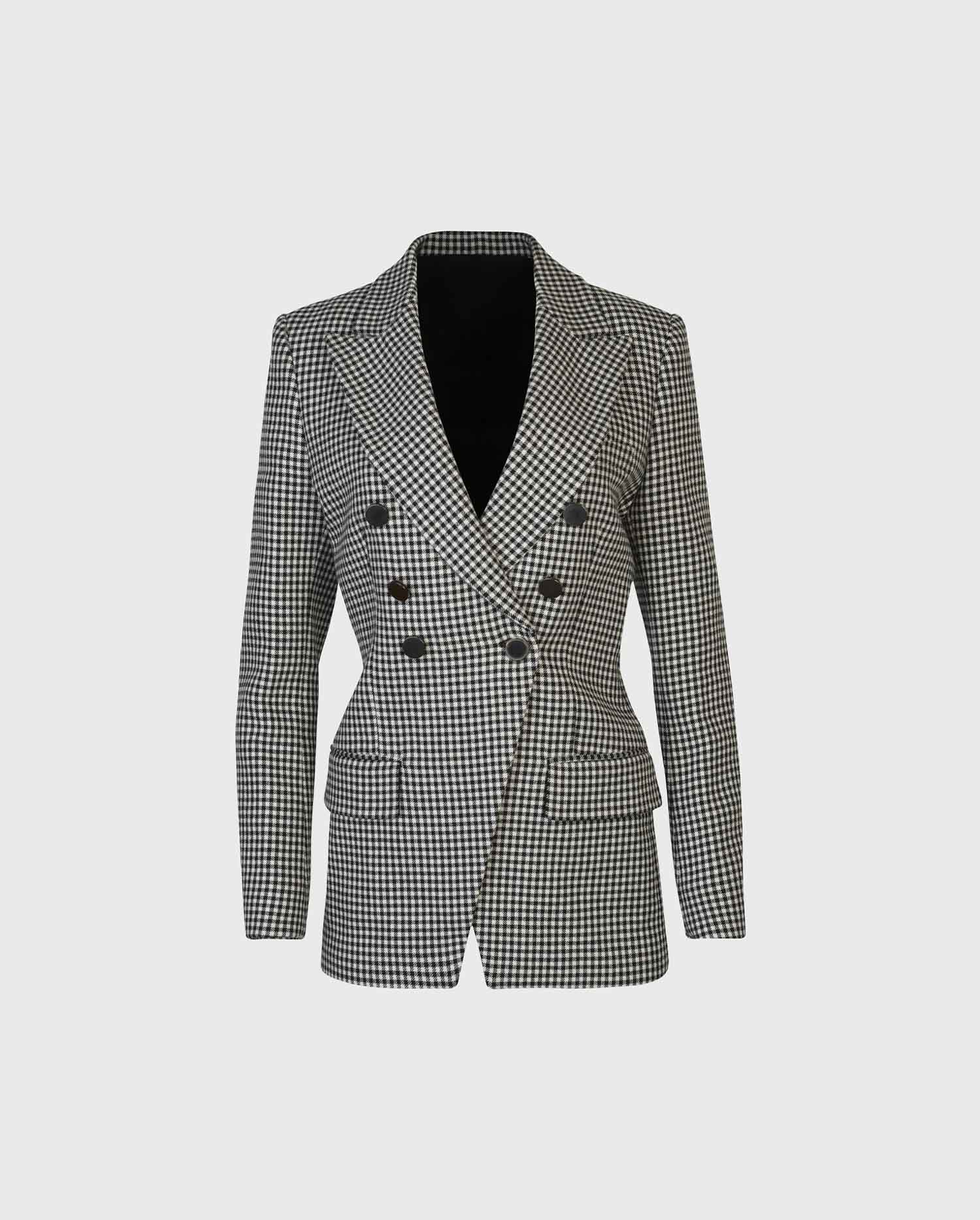 Discover the CHESS Black and white houndstooth double-breasted blazer with a notched lapel from ANNE FONTAINE