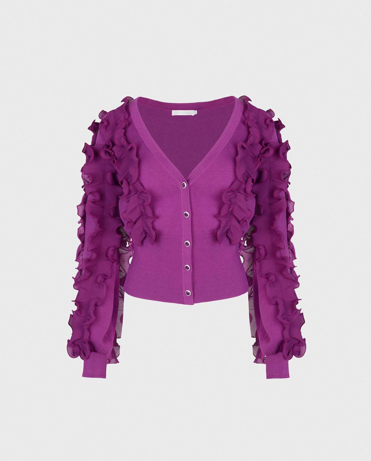 Discover The CILINE Long sleeve ruffle covered cardigan in purple from ANNE FONTAINE