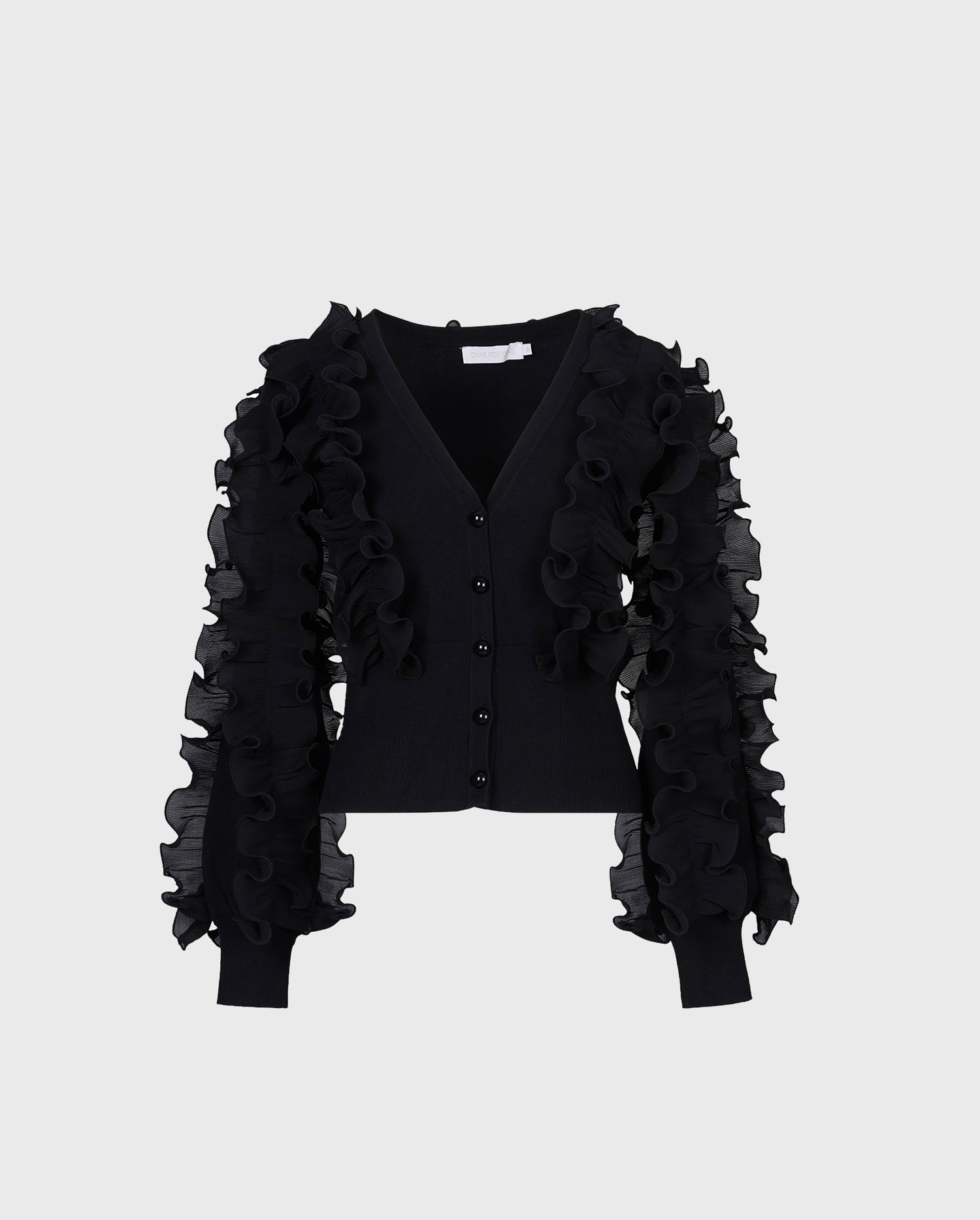 Discover The CILINE Long sleeve ruffle covered cardigan in black from ANNE FONTAINE
