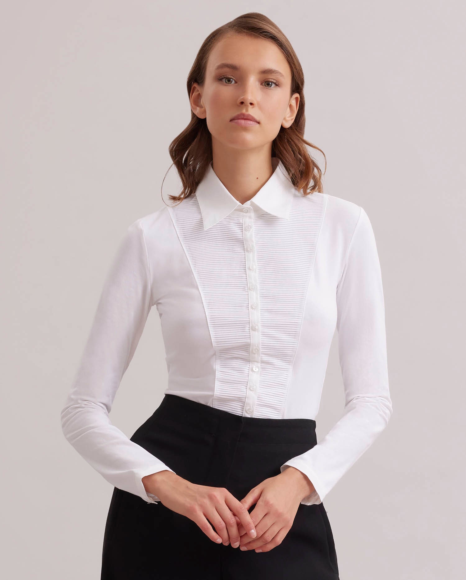 Discover The CLODIE Pleated and tailored blouse in pima jersey from ANNE FONTAINE