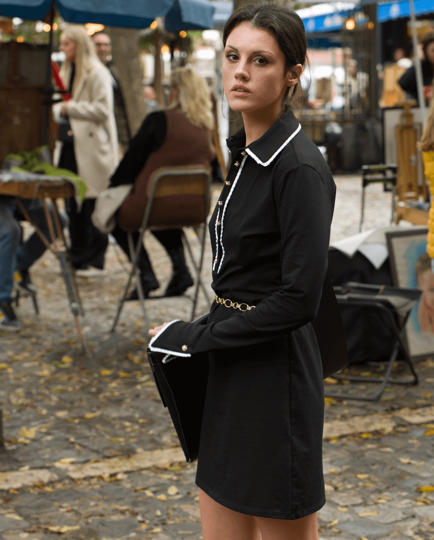 Discover the ESTAMPE Black Long sleeve dress featuring classic collar and half-placket with pleated trims from ANNE FONTAINE