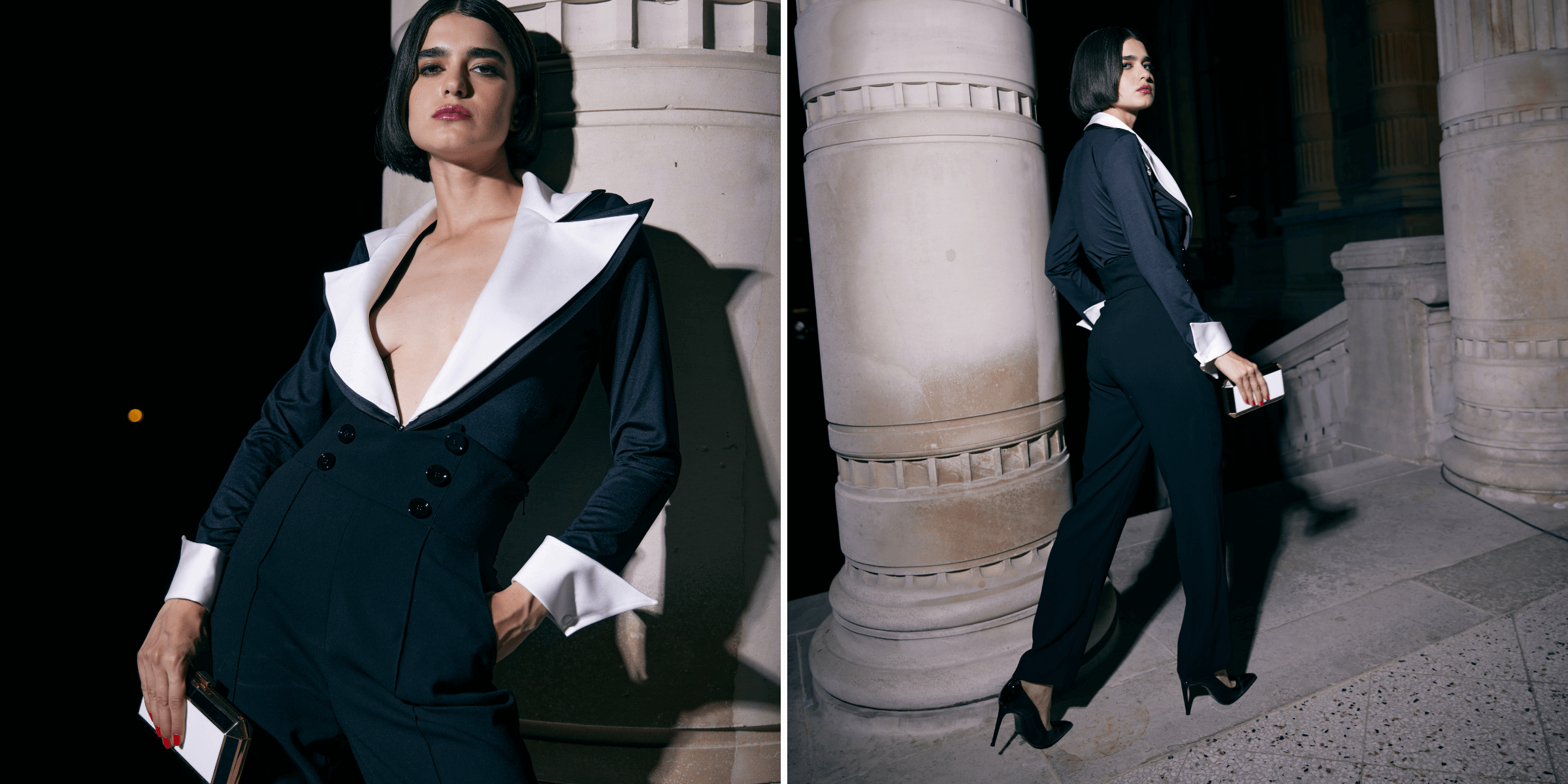 Discover the POLAR Black bodysuit with white oversized lapel and french cuffs from ANNE FONTAINE