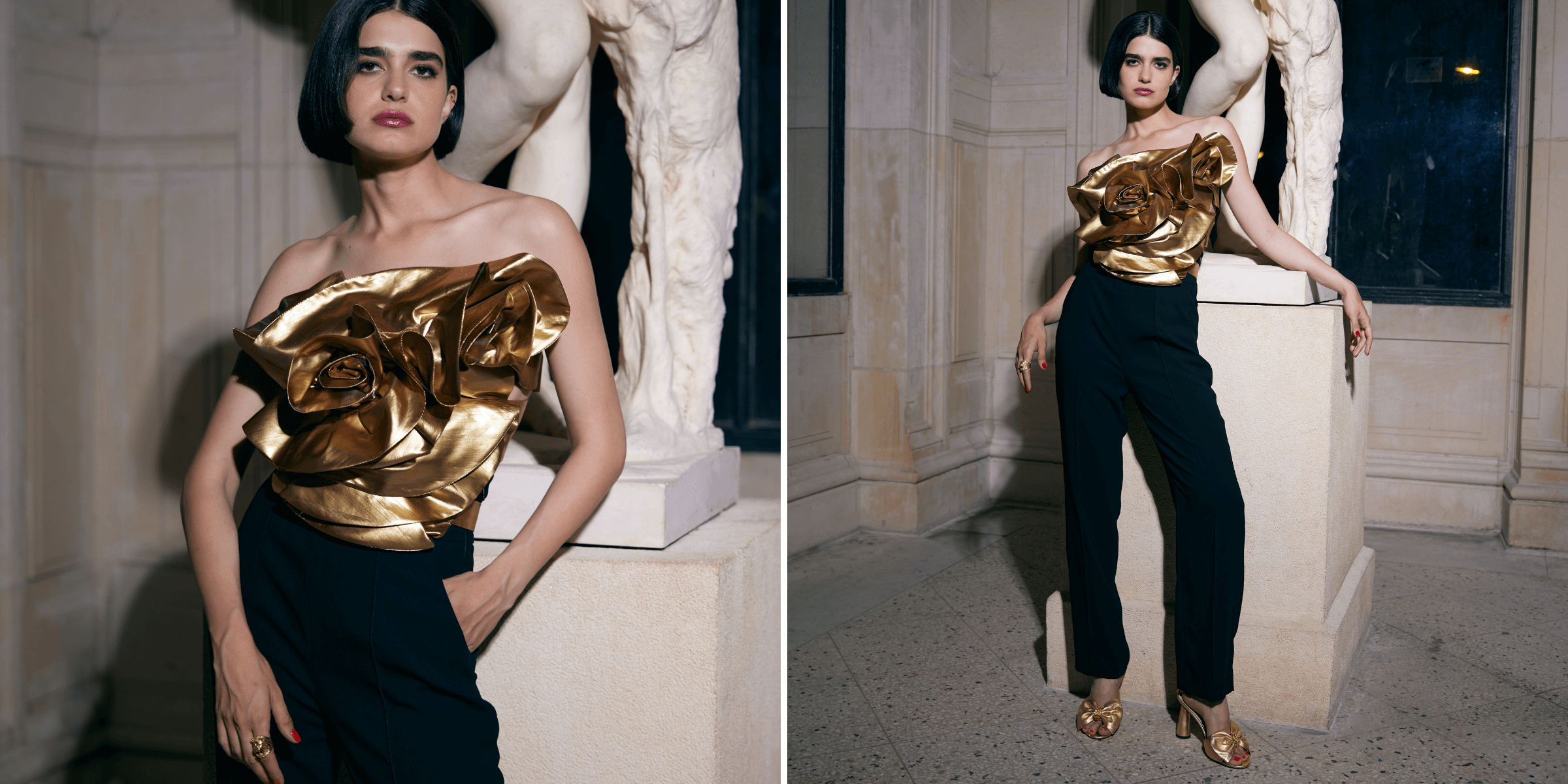 Discover the SAXO Gold metallic ruched shirtfront from ANNE FONTAINE