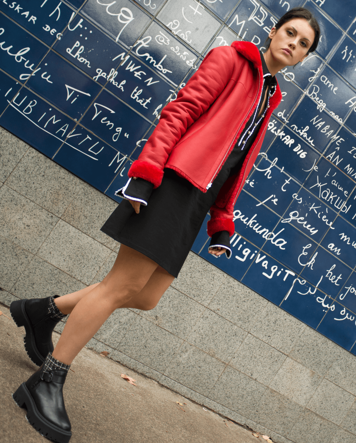 Discover the WHARTON Reversible red shearling and leather jacket with classic collar from ANNE FONTAINE