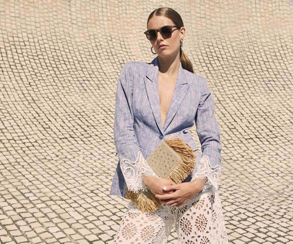 Add the VATXI blue chambray lace jacket to your wardrobe for look of Parisian chic