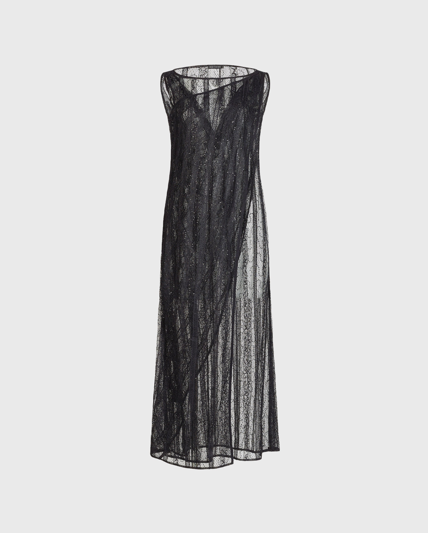 Discover the EMOTION Sleeveless sheer lace Long dress with vertical lattice detail and tonal sequins from ANNE FONTAINE