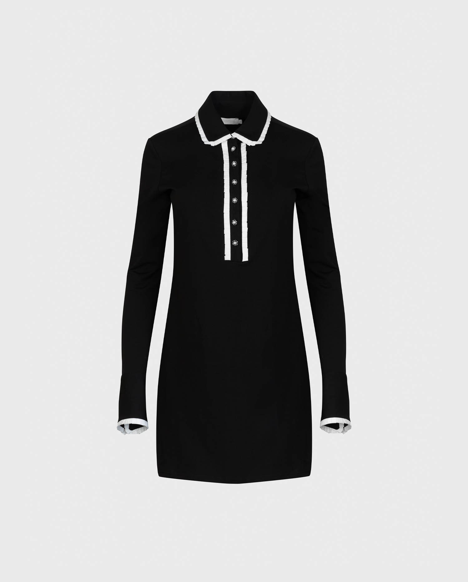 Discover the ESTAMPE Black Long Sleeve Dress Featuring Classic Collar and Half-Placket With Pleated Trims from designer ANNE FONTAINE