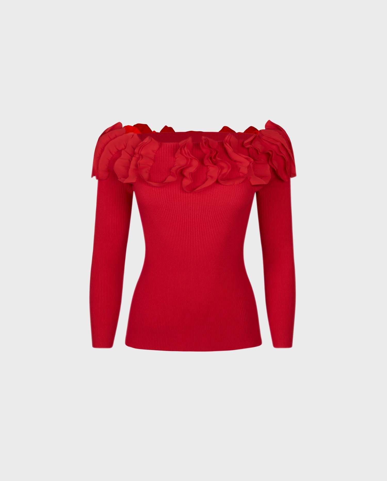 Discover The FEDA Long sleeve pullover knit in red with embellished ruffles from ANNE FONTAINE