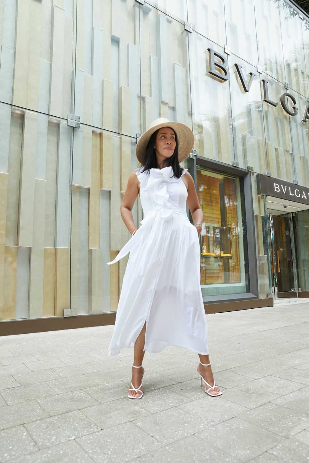 Discover The CANNES White midi dress pleated ruffle v-neck open back & cotton poplin from ANNE FONTAINE