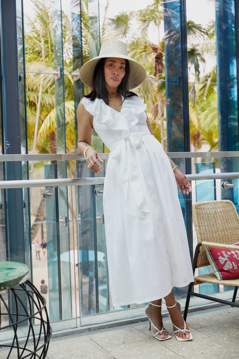 Discover The CANNES White midi dress pleated ruffle v-neck open back & cotton poplin from ANNE FONTAINE