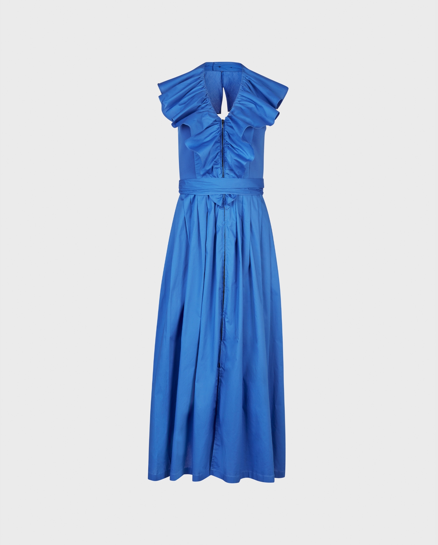 Discover The HENDAYE Blue halter style maxi dress with pleats and ruffled details