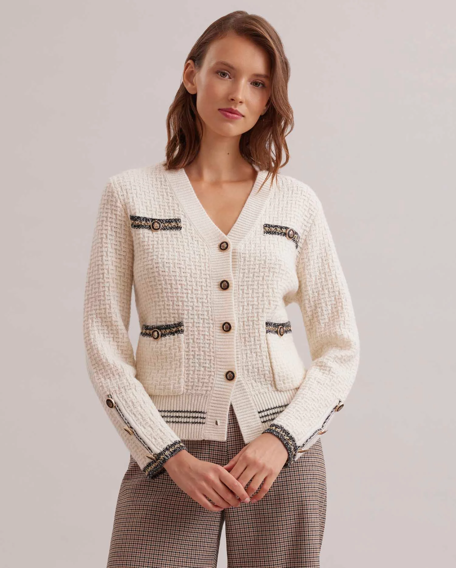 Disocver The LETTRES Cashmere blend white cardigan with ornate buttons from ANNE FONTAINE