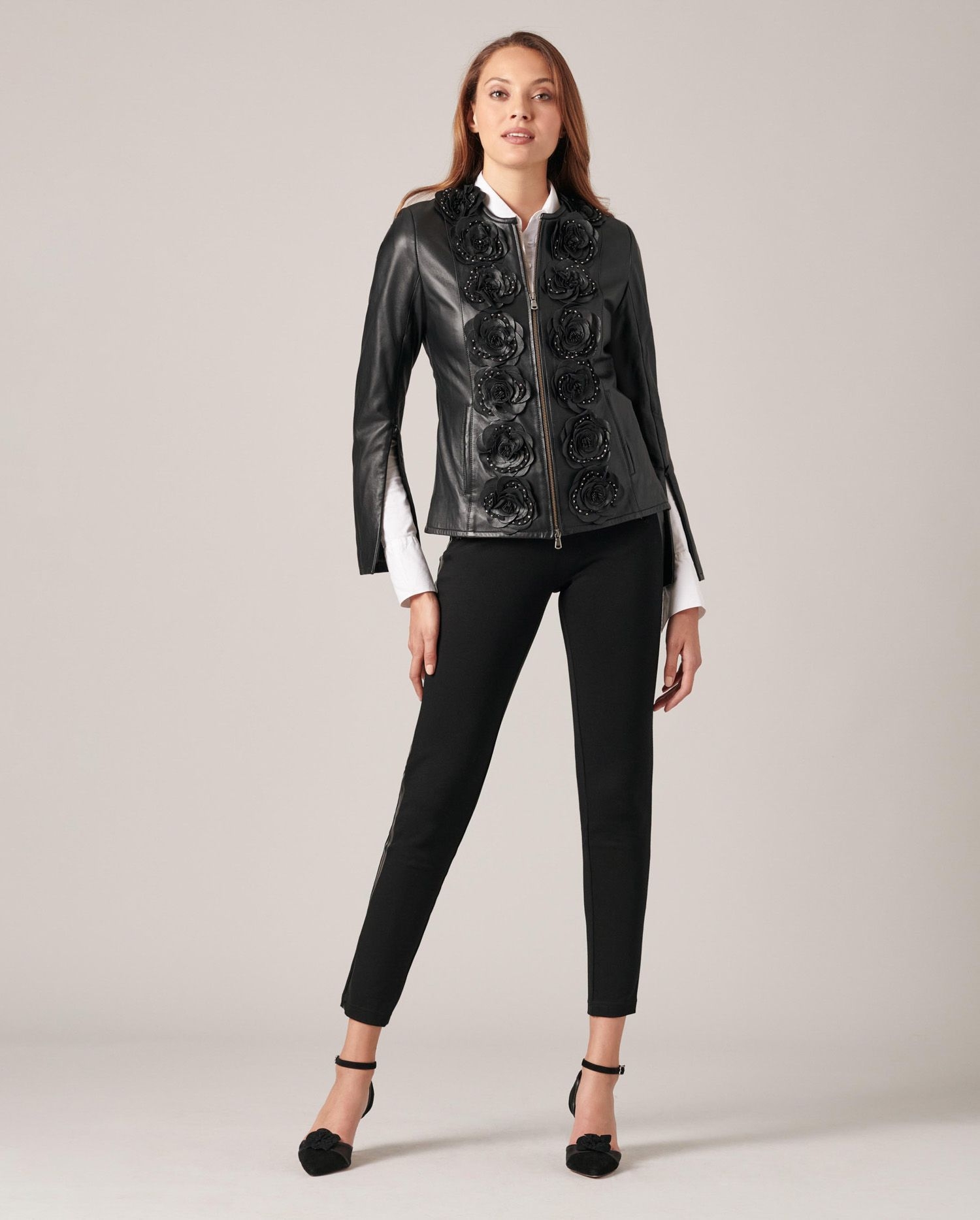 Discover the LORYNA Black leather jacket with front flowers from ANNE FONTAINE