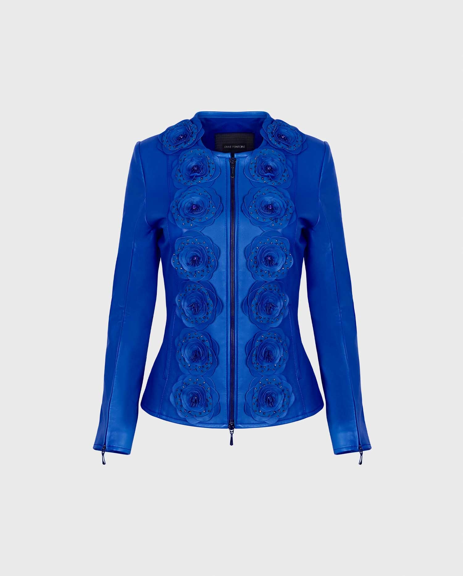 Discover the LORYNA blue leather jacket with front flowers from ANNE FONTAINE