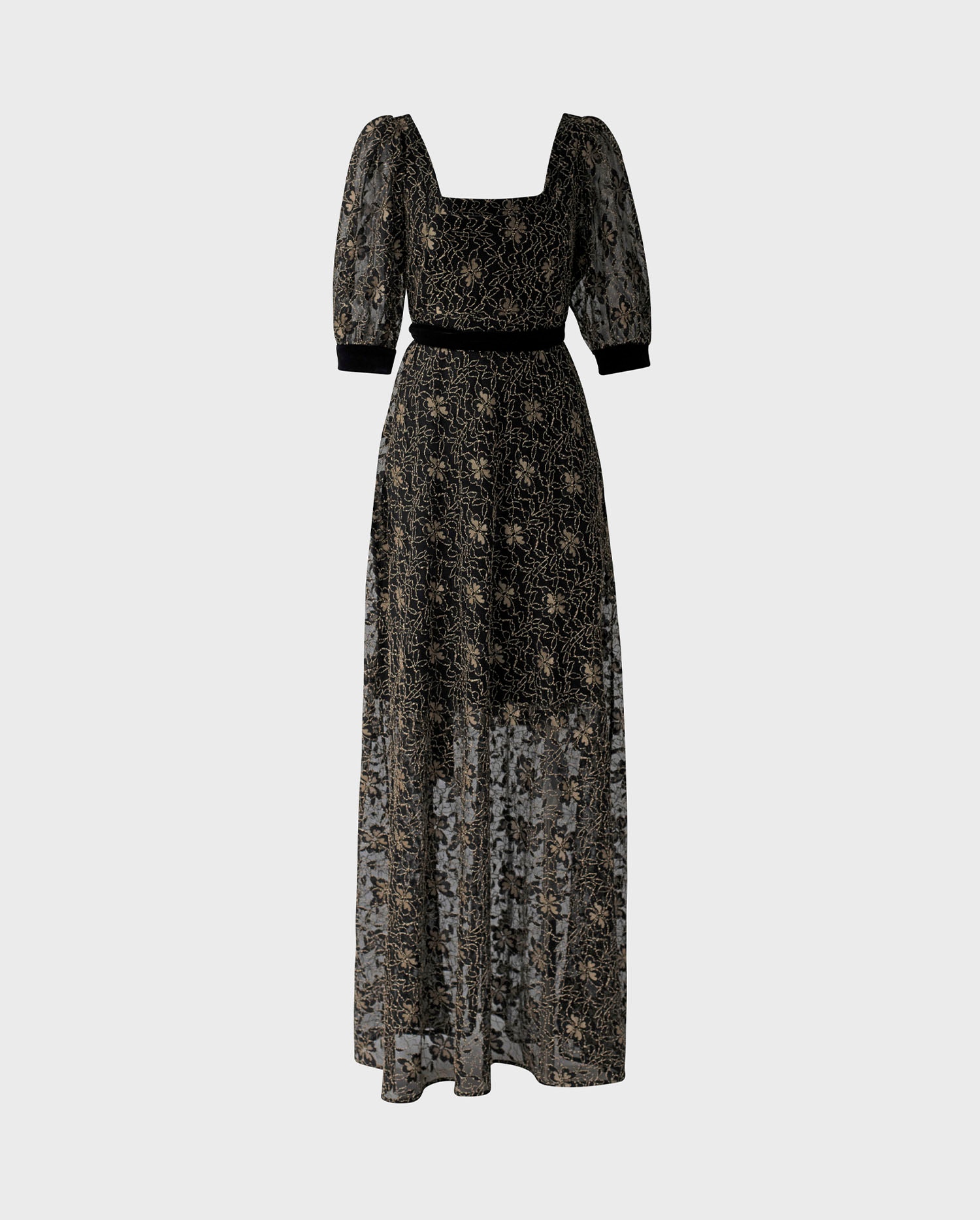 Discover The LYRIC Long black lace dress with gold floral embroidery detail from ANNE FONTAINE