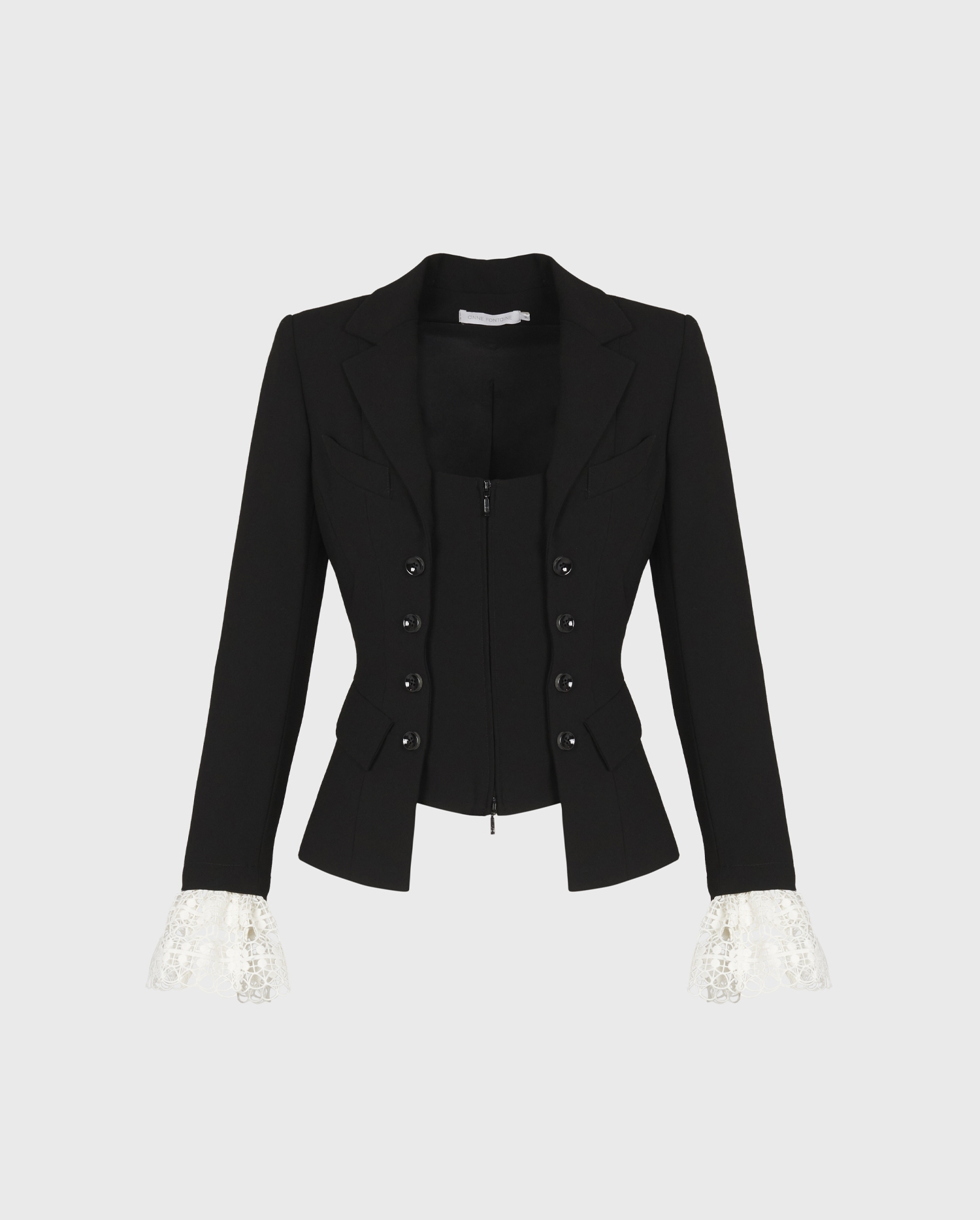 Discover the MAESTRO Long sleeve crepe jacket in black with lace cuff detailing from ANNE FONTAINE
