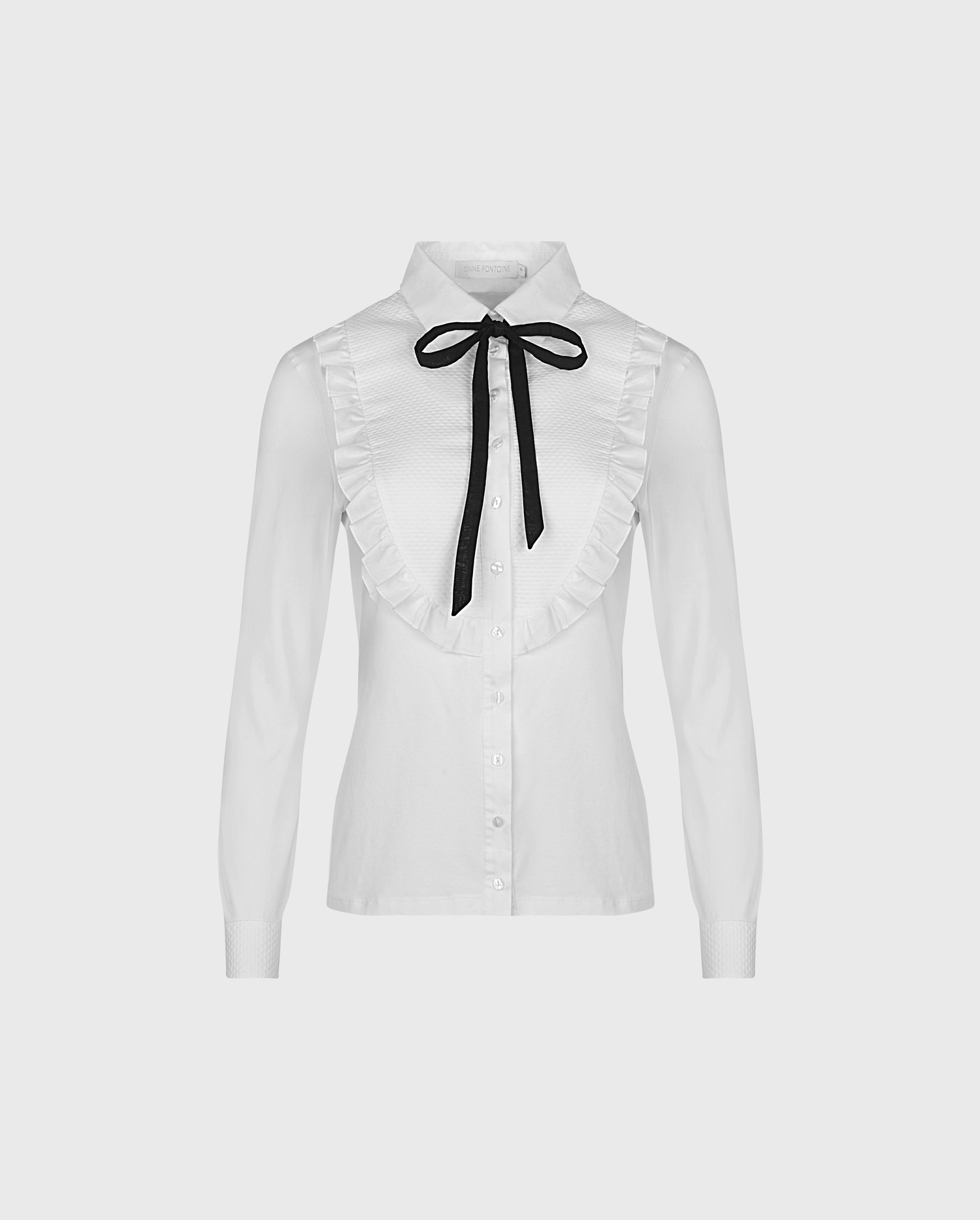 Discover the MANUSCRIT White jersey knit shirt with large textured bib and removable black string from ANNE FONTAINE