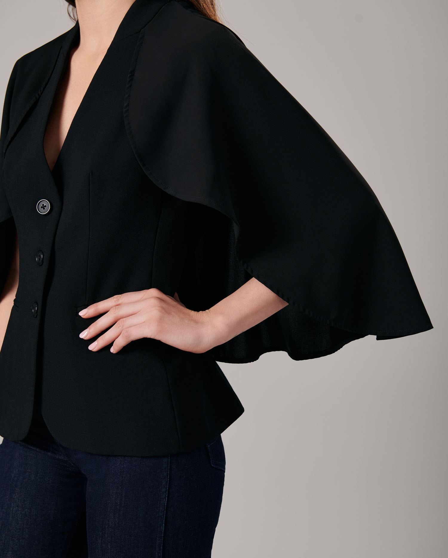 Discover The MYLIANE ¾ Sleeve Crepe Blue Jacket With a Flowing Cape from ANNE FONTAINE