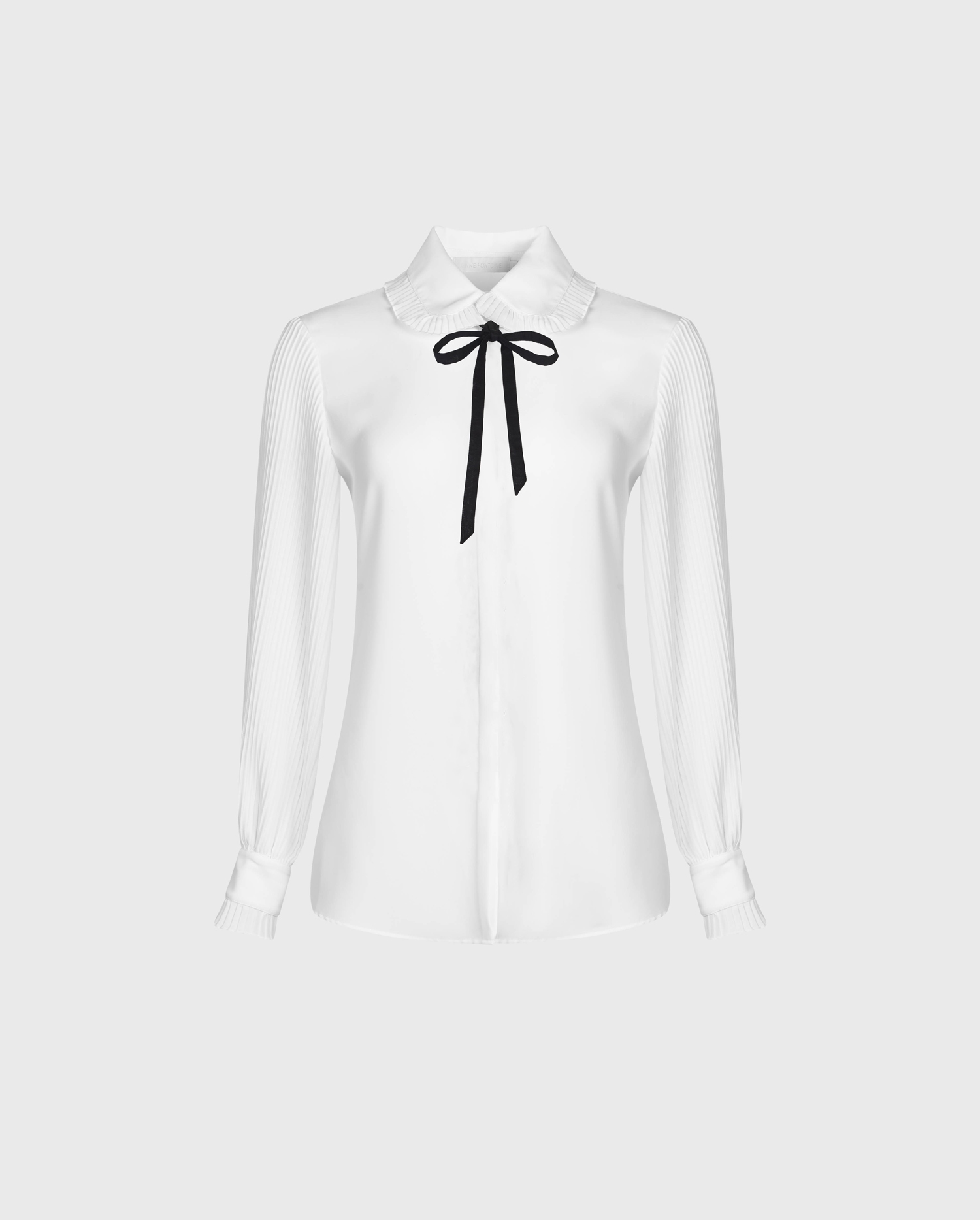 Discover the NINI Flowy white crepe shirt with round mini pleated collar and removable black necktie from ANNE FONTAINE