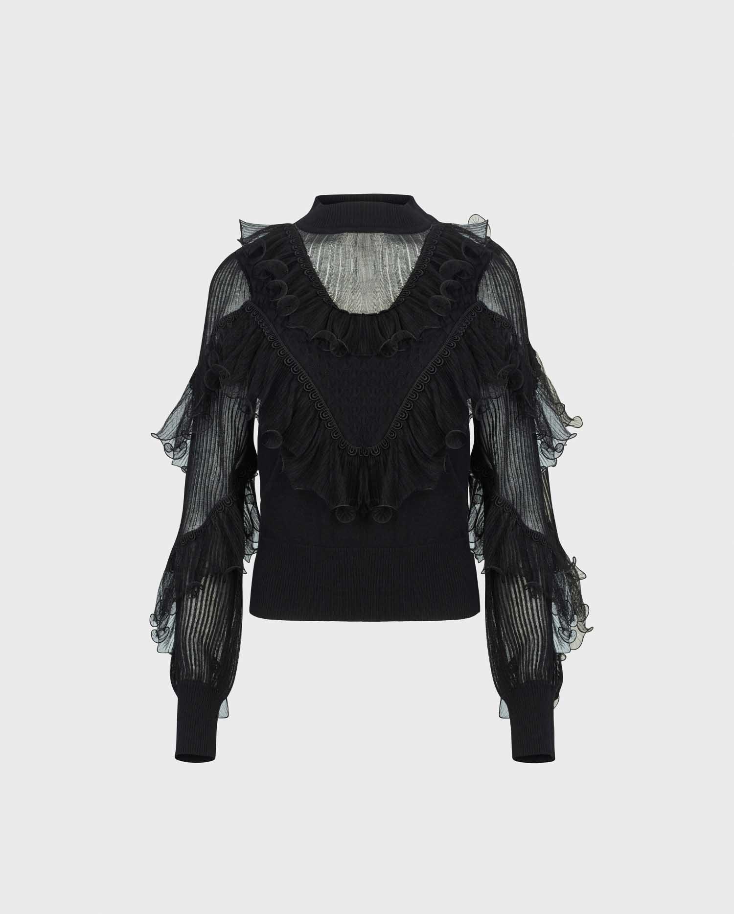 Discover the OEUVRE Long sleeve black knit with sheer details and cascading ruffles from ANNE FONTAINE