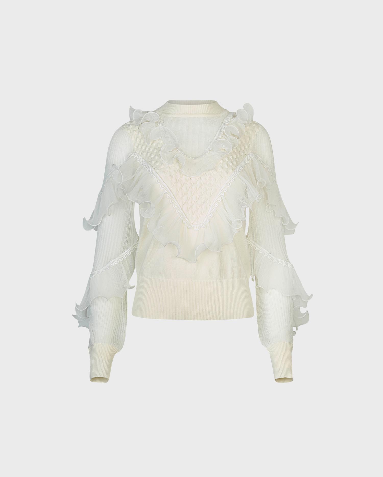 Discover the OEUVRE Long sleeve white knit with sheer details and cascading ruffles from ANNE FONTAINE
