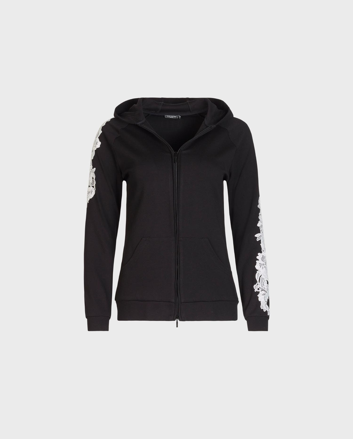 Discover the PAMPHLET Black knit hoodie with front zip and white embroidered applique sleeves from ANNE FONTAINE