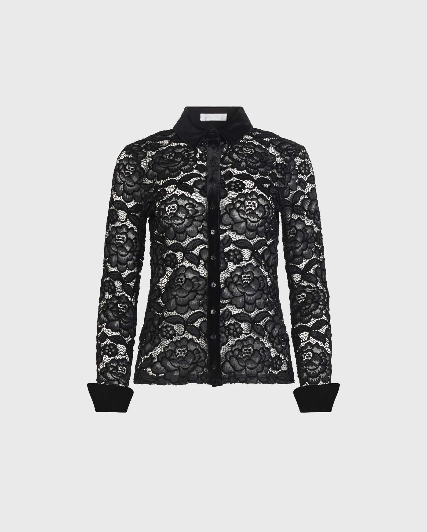 Discover the SALINGER Long sleeve black lace shirt with Velvet trim detail from ANNE FONTAINE