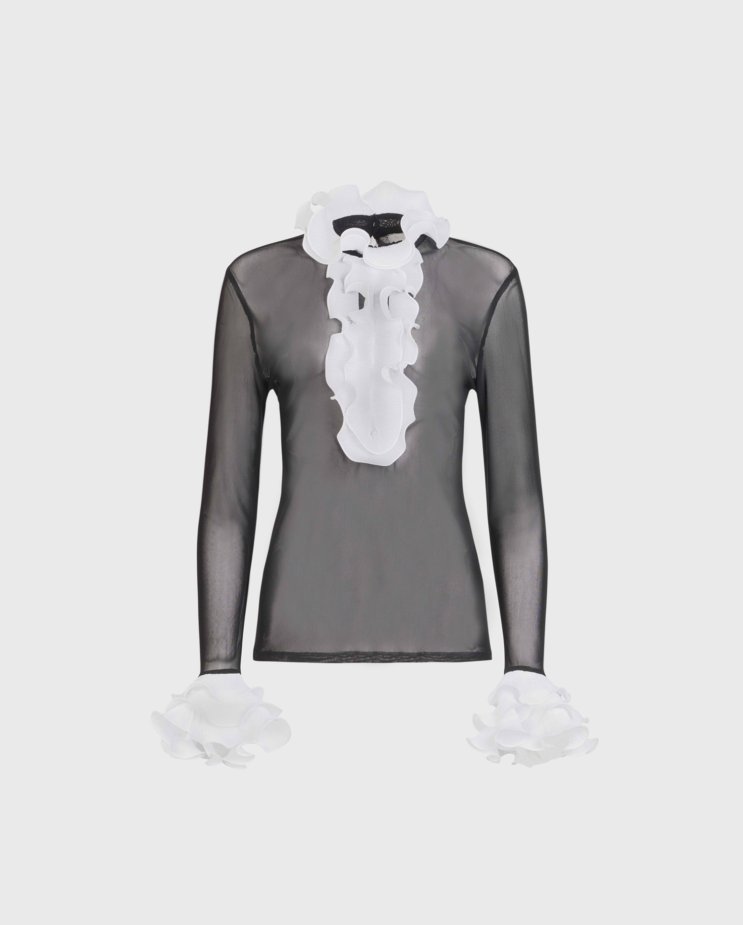 Discover the SHADOW Sheer pullover shirt with contrasting white pleated ruffle trims from ANNE FONTAINE