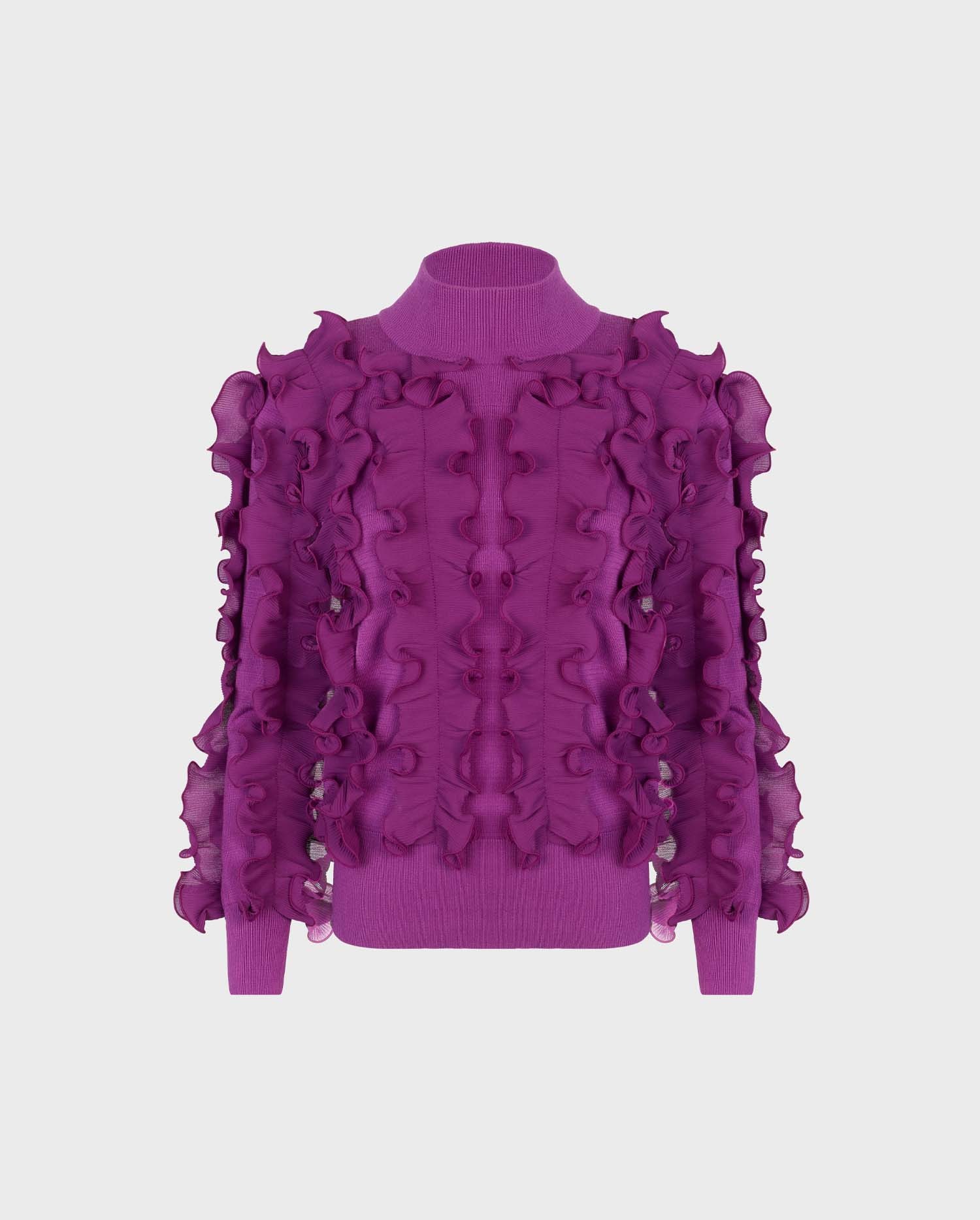 Discover the SIDALINE Long sleeve knitted sweater with pleated ruffles in purple from ANNE FONTAINE