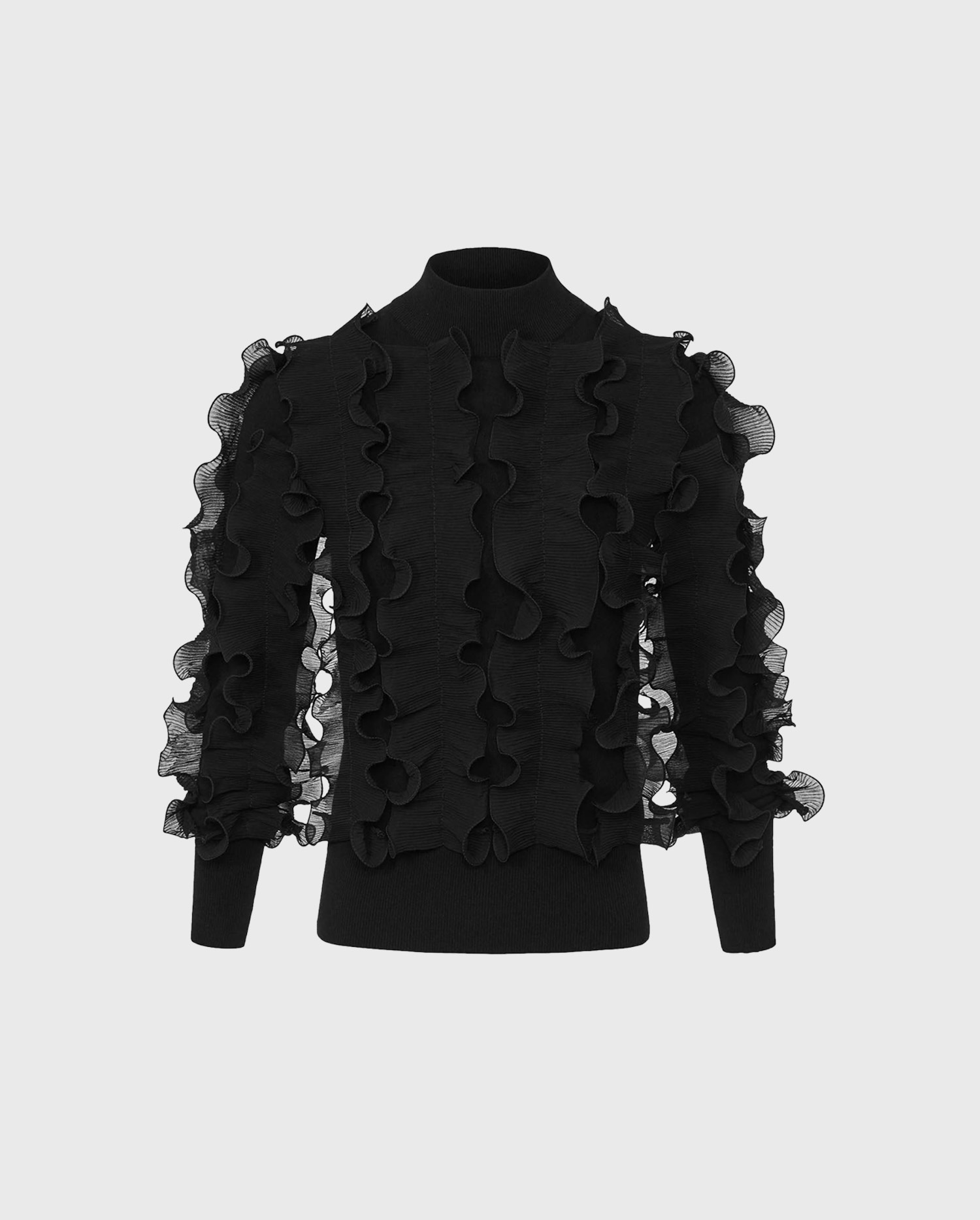 Discover the SIDALINE Long sleeve knitted sweater with pleated ruffles in black from ANNE FONTAINE