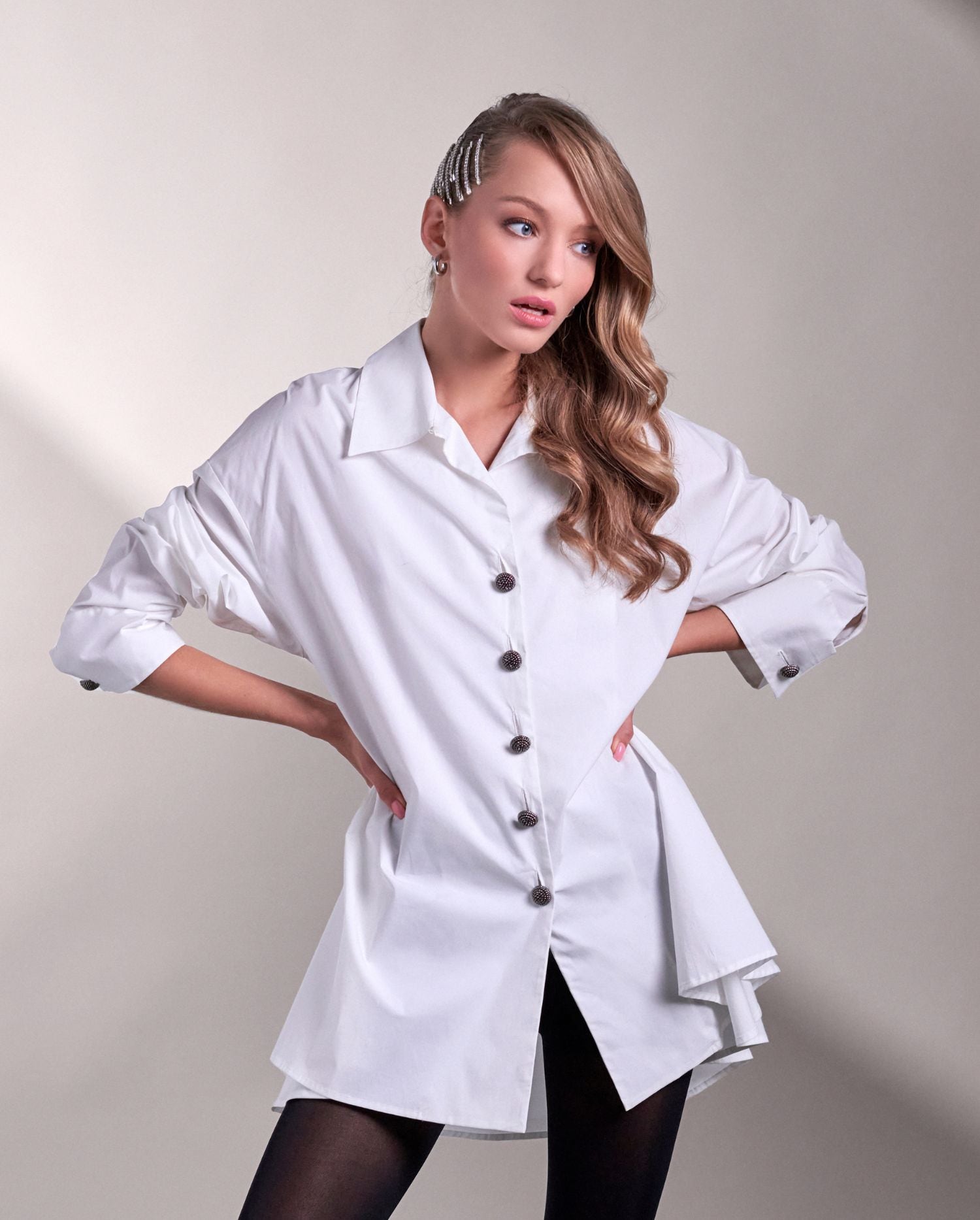 Discover the SORBONNE White tunic length baby doll shirt with ornate buttons from ANNE FONTAINE