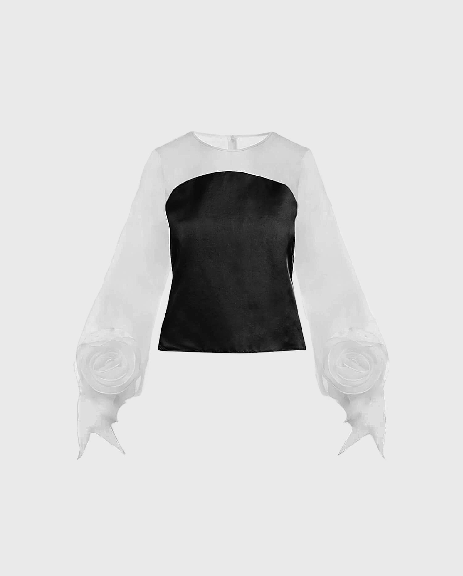 Discover The SPRING Black and White Silk Blouse Enhanced With Rosettes at the Bottom of the Puffed Sleeves From ANNE FONTAINE