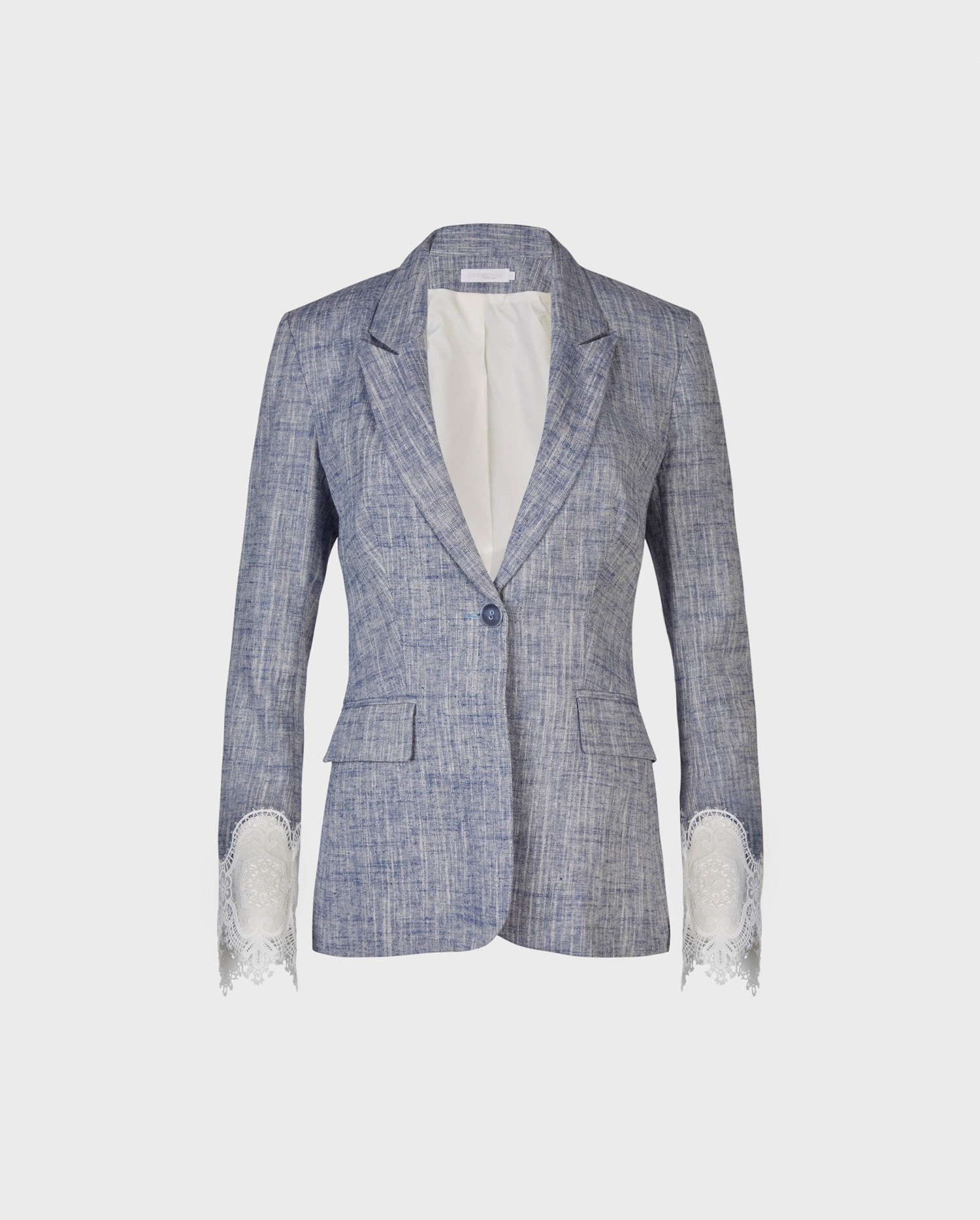 Discover the VATXI Long Sleeve Linen Jacket With White Lace Applique from ANNE FONTAINE