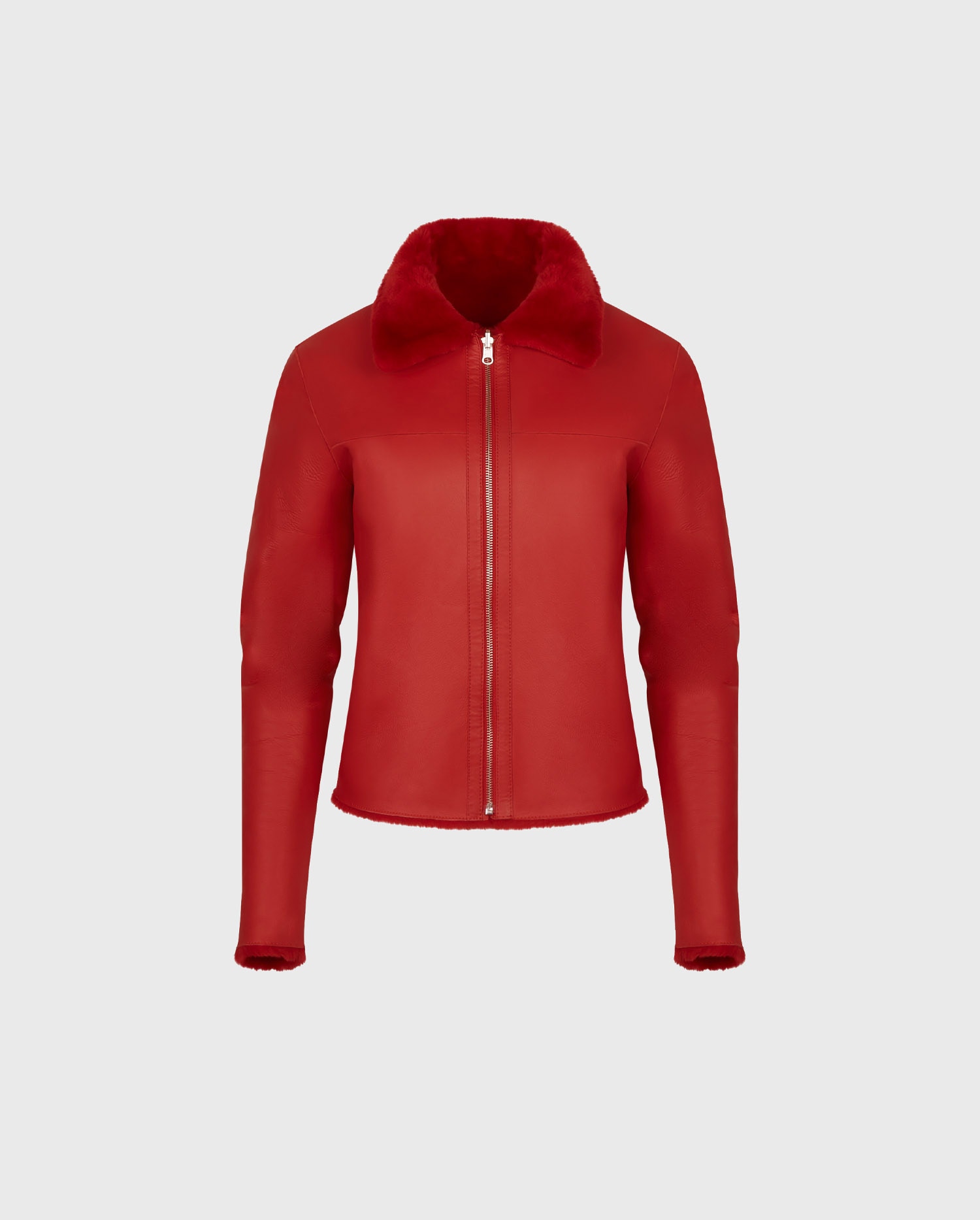 Discover The WHARTON Reversible red shearling and leather jacket with classic collar from ANNE FONTAINE