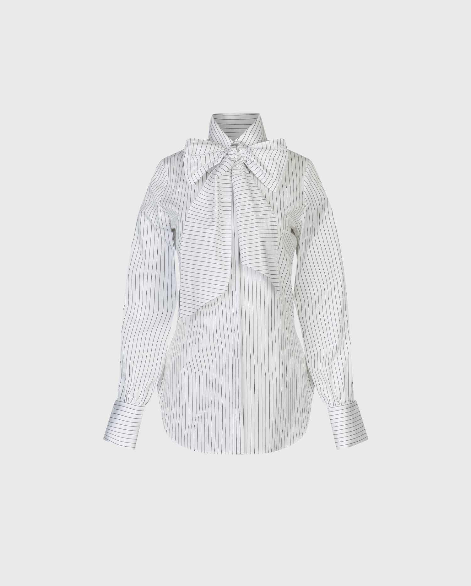 Discover The YALE Long sleeve white tunic shirt with black pinstripes and removeable necktie from ANNE FONTAINE