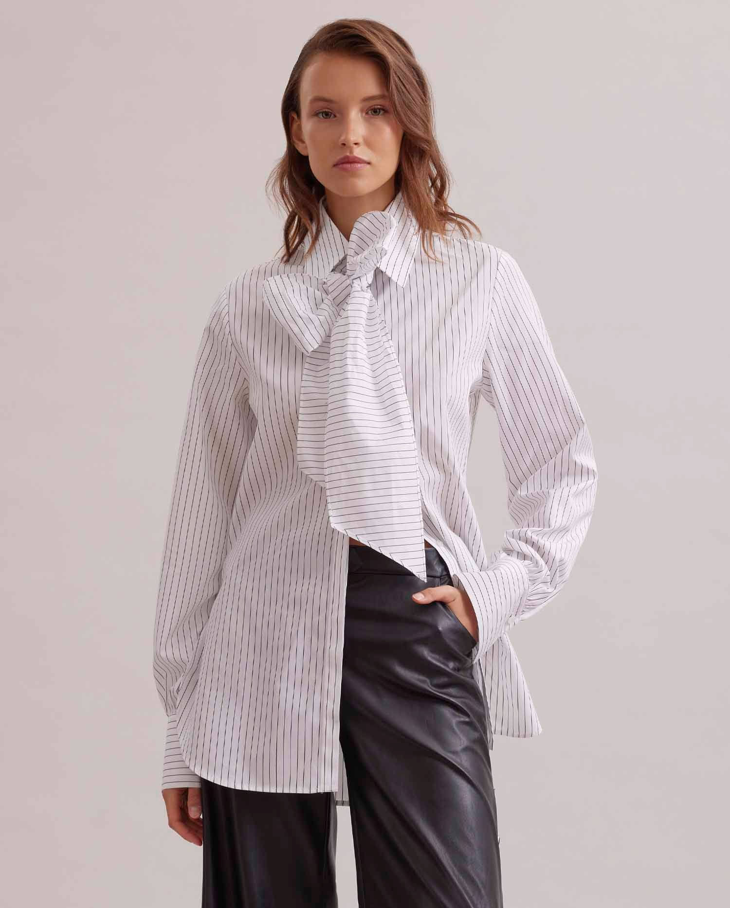 Discover the YALE Long sleeve white tunic shirt with black pinstripes and removable necktie from ANNE FONTAINE