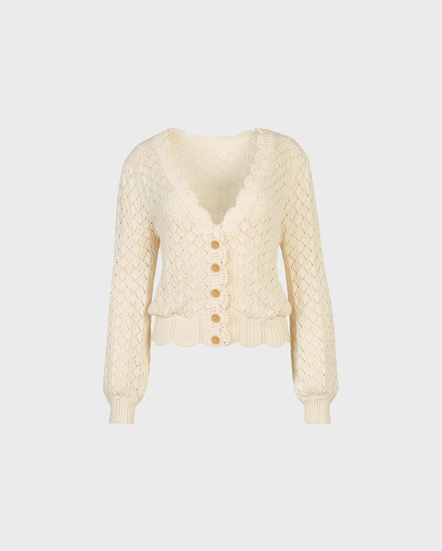 Discover the OLIVE Cream Crochet Knit Cardigan With Scalloped Trims