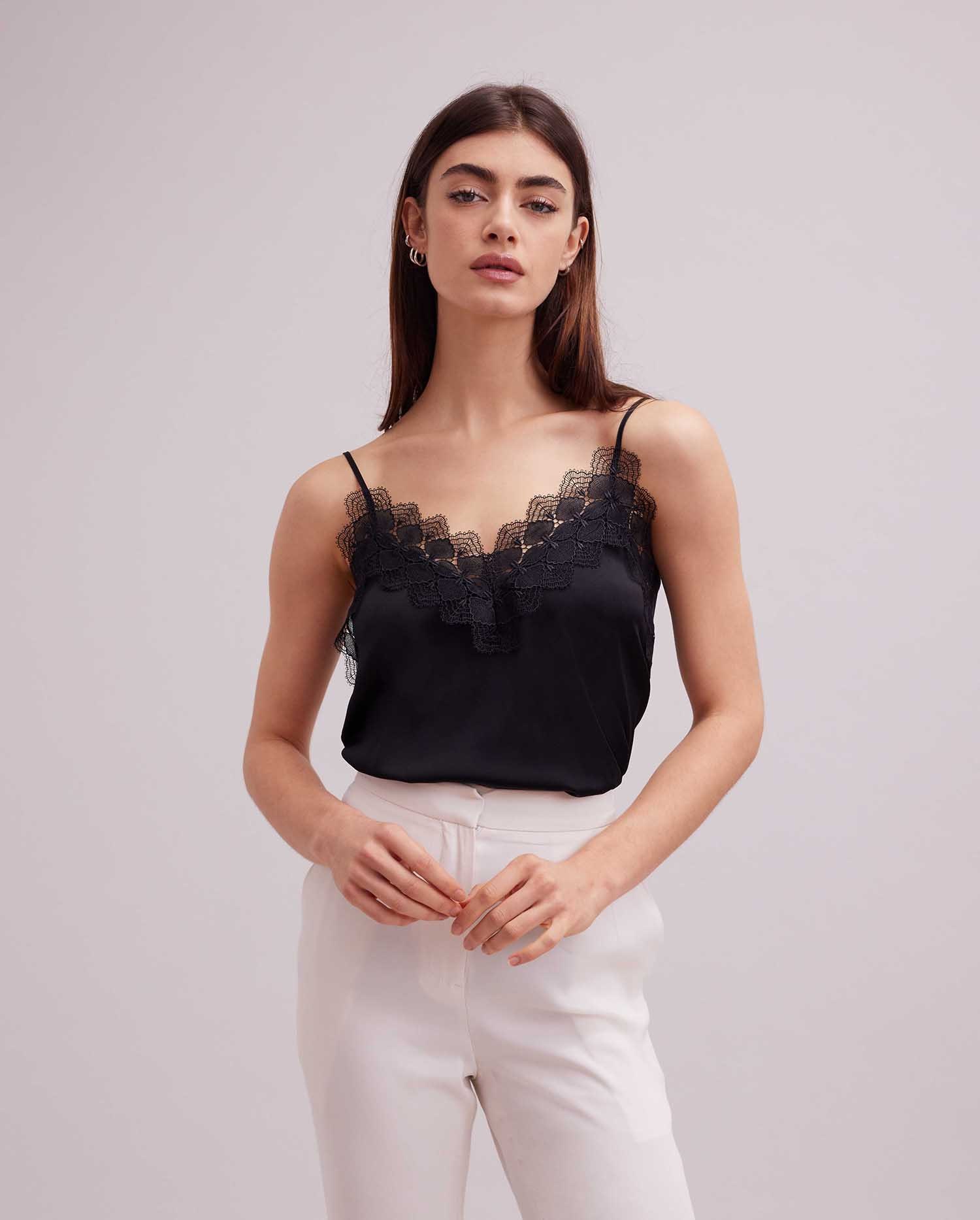 Discover the AGAVE Silk Camisole With Lace Trims in Black from ANNE FONTAINE