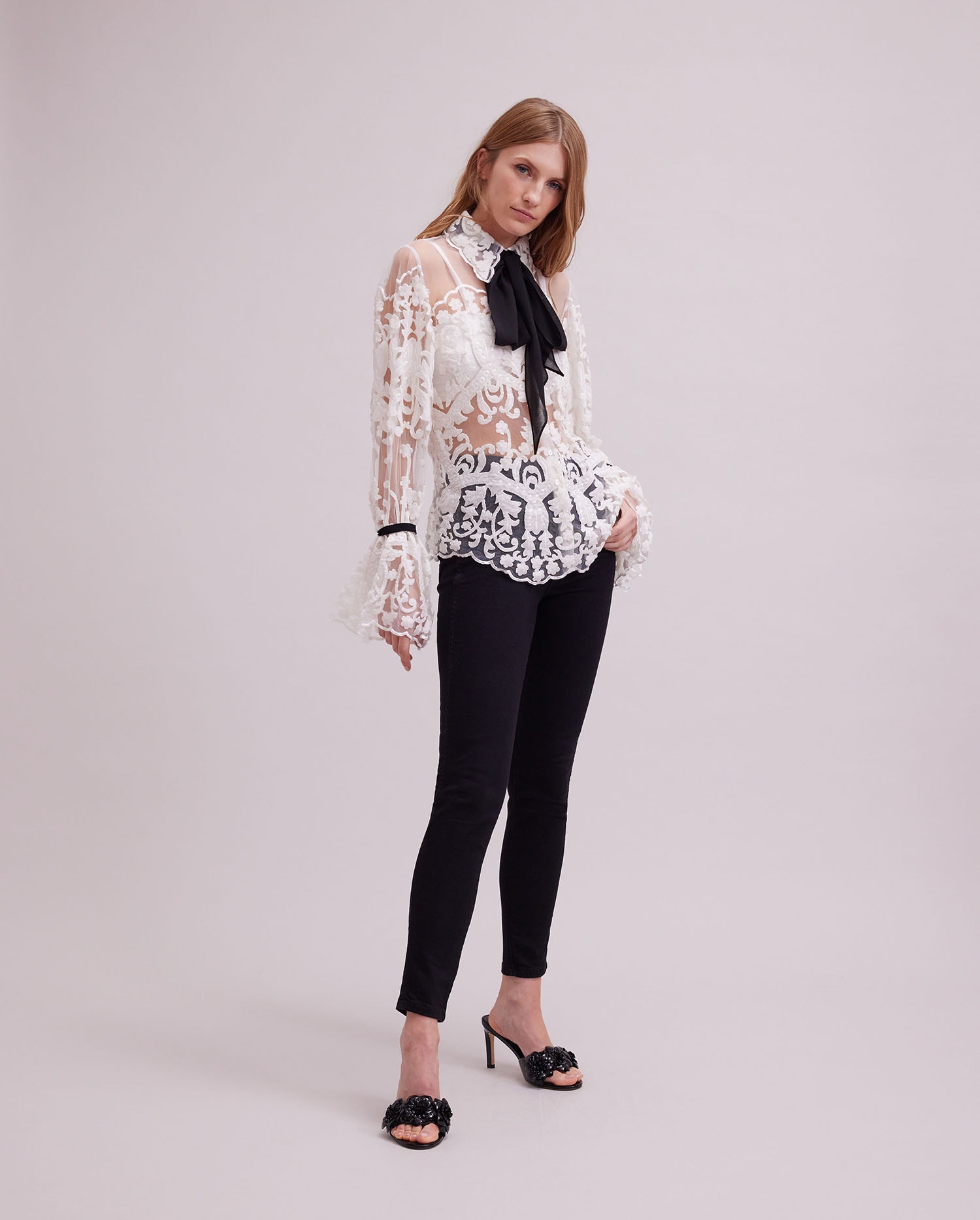 Discover the ARABESQUE Semi-sheer white embroidered lace shirt with removable ties from ANNE FONTAINE
