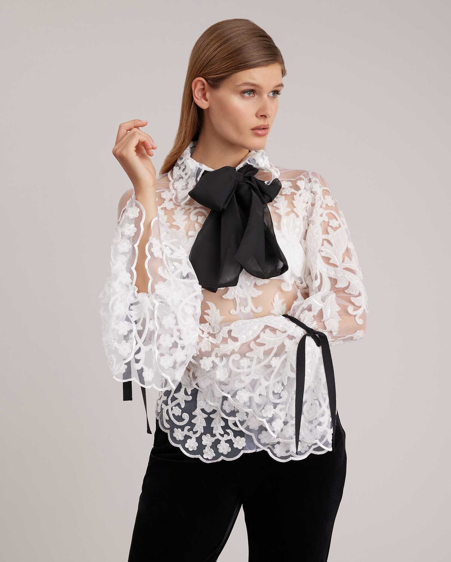 Discover the ARABESQUE Semi-sheer White Embroidered Lace Shirt With Removable Ties